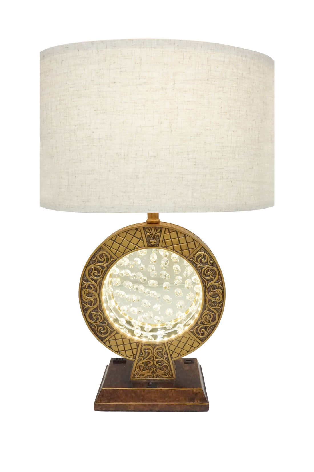 28" Antique Polyresin Table Lamp With Floating Crystal Decor On Center Antique Brown Polyresin