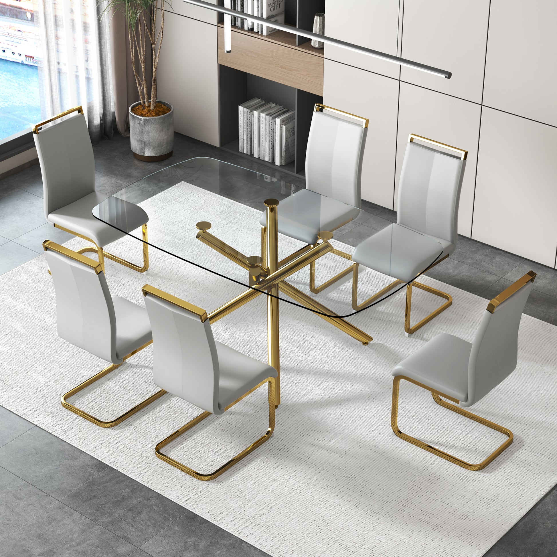 Large Modern Minimalist Rectangular Glass Dining Table For 6 8 With 0.39" Tempered Glass Tabletop And Golden Plated Metal Legs,For Kitchen Dining Living Meeting Room Banquet Hall 71'' X 39'' X30''1537 Golden Metal