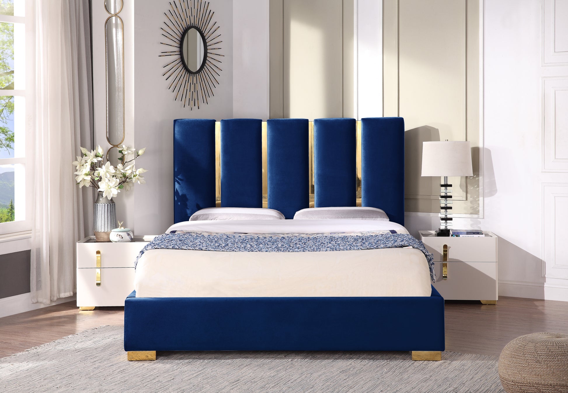 Contemporary Velvet Upholstered Bed, Solid Wood Frame, High Density Foam, Gold Metal Leg, King Size Blue Velvet