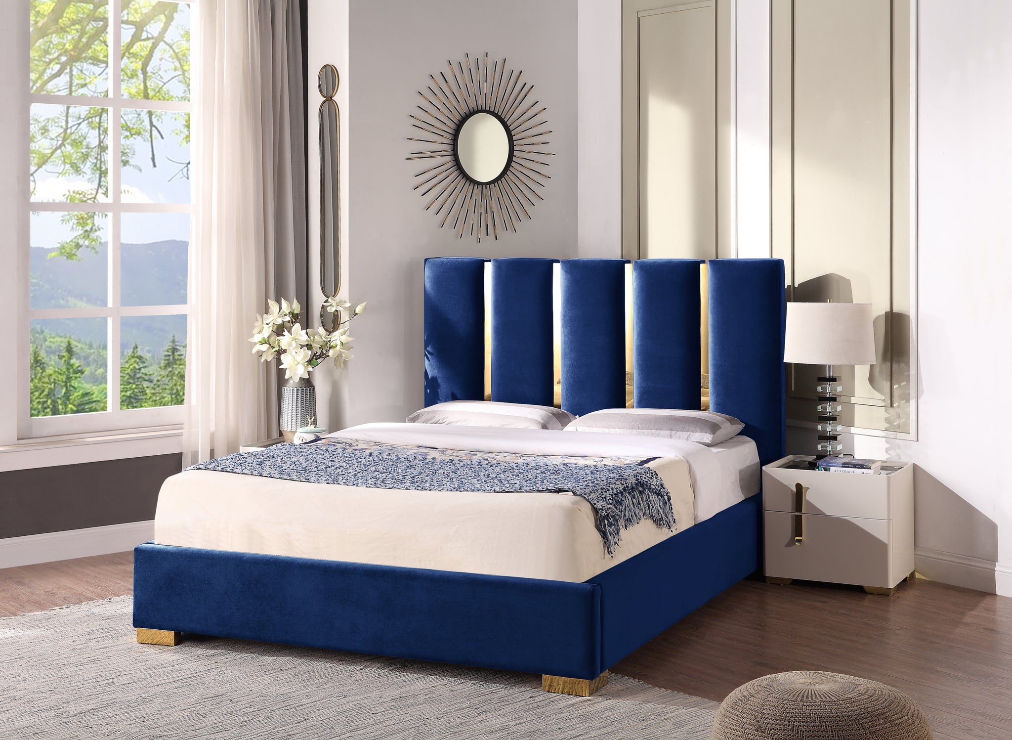 Contemporary Velvet Upholstered Bed, Solid Wood Frame, High Density Foam, Gold Metal Leg, King Size Blue Velvet