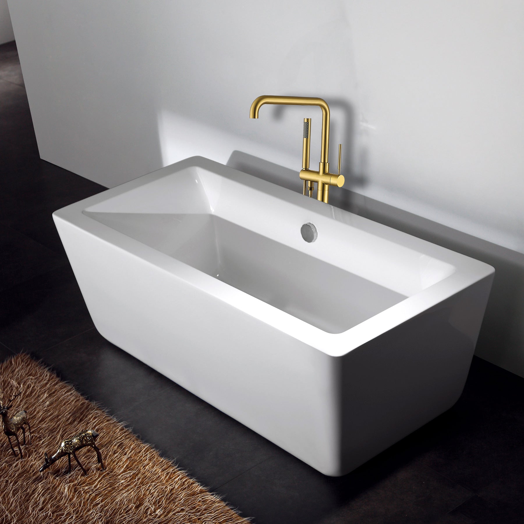 Freestanding Bathtub Faucet With Hand Shower Brushed Gold Metal