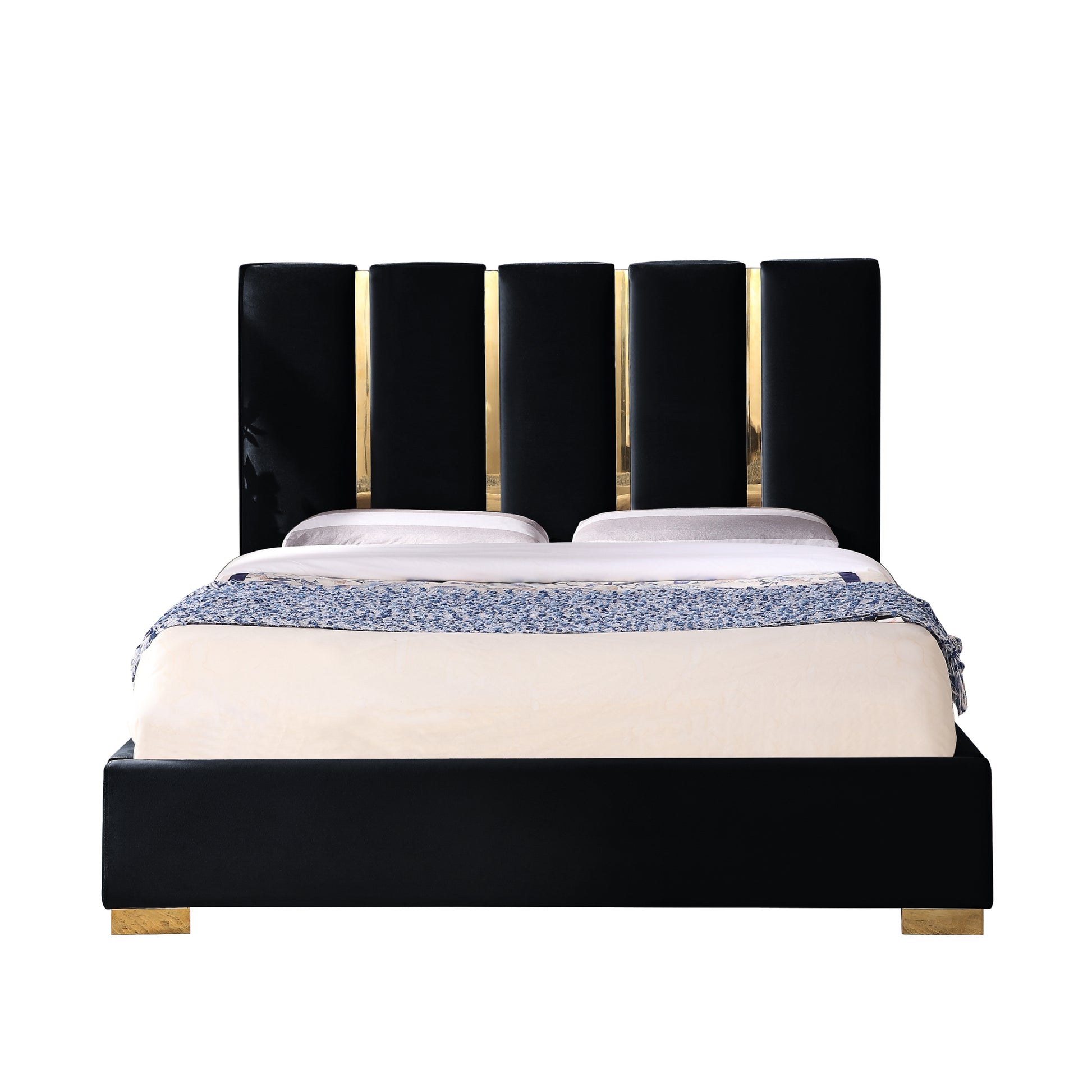 Contemporary Velvet Upholstered Bed, Solid Wood Frame, High Density Foam, Gold Metal Leg, Queen Size Black Velvet