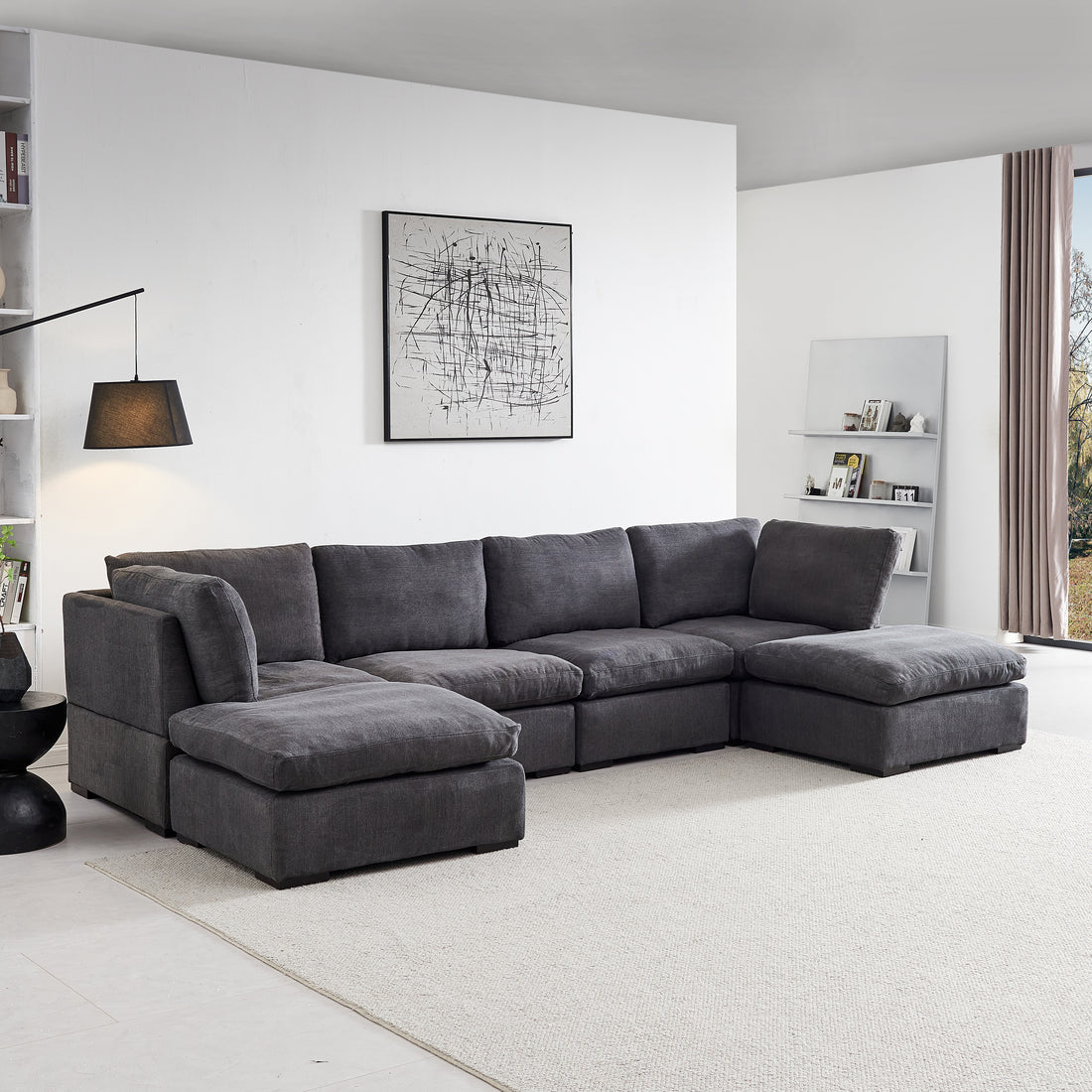 Modular Sofa With Ottoman,Filled With Down ,Soft Linen Fabric,Dark Grey Dark Grey Down Filling Fabric