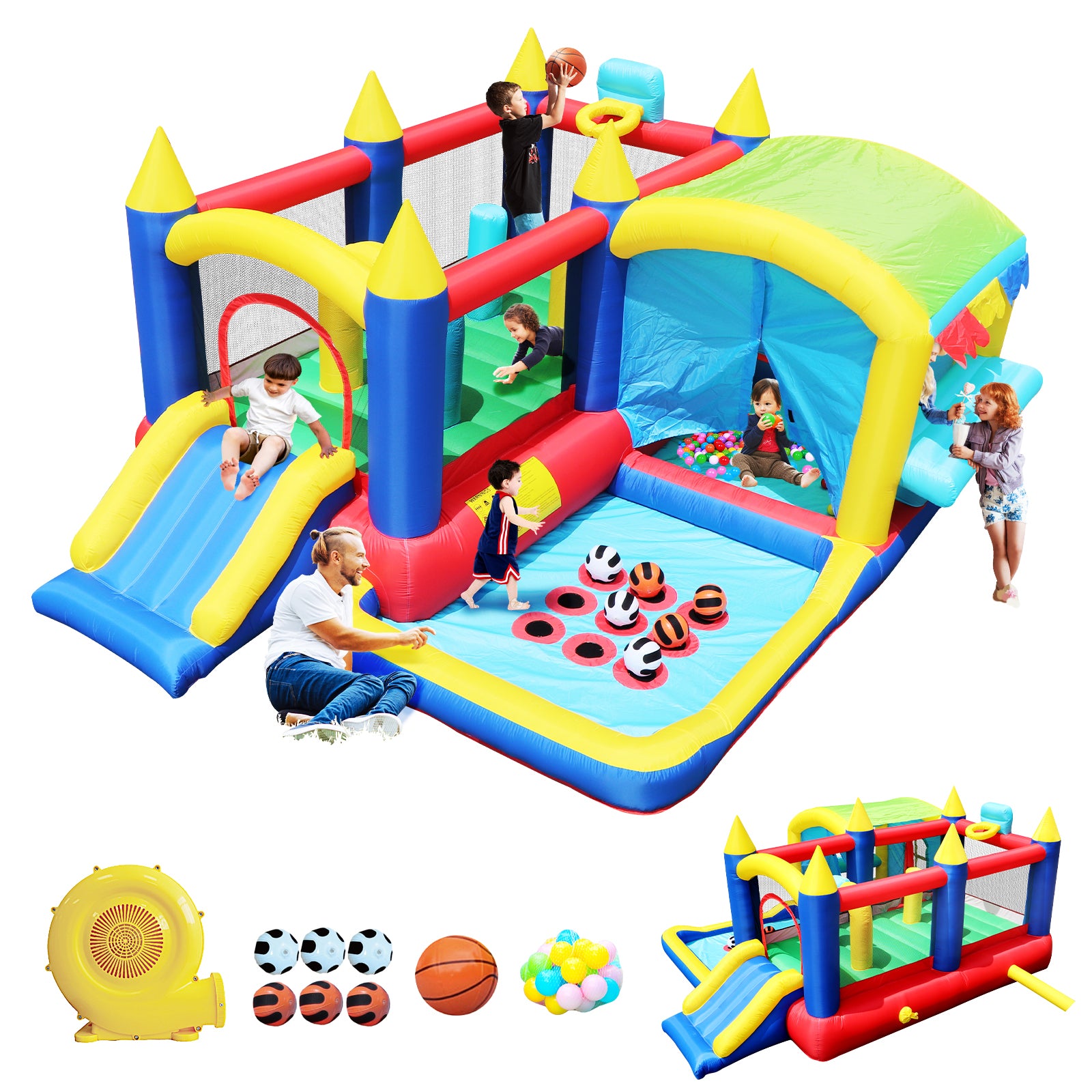 7 In 1 Inflatable Bounce House, Bouncy House With Ball Pit For Kids Indoor Outdoor Party Family Fun, Obstacles, Toddler Jump Bouncy Castle With Ball Pit For Birthday Party Gifts Multicolor Oxford Fabric