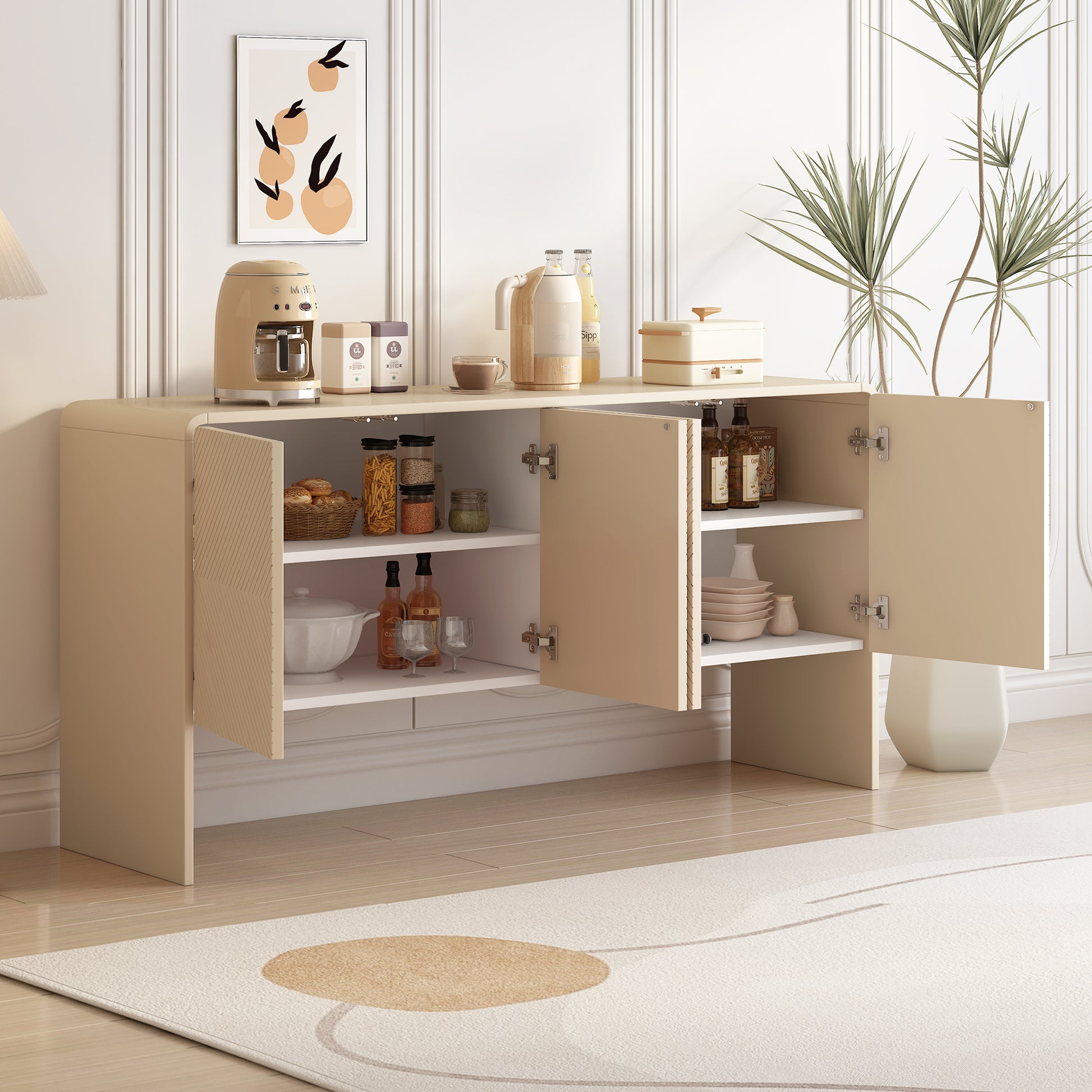 Minimalist Style 60"L Large Storage Space Sideboard With 4 Doors And Rebound Device For Living Room And Entryway Apricot Cream Apricot Cream Mdf