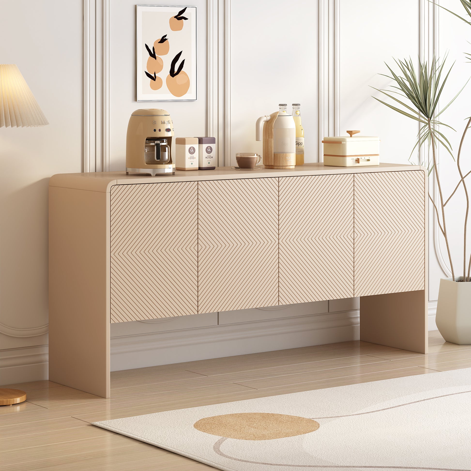 Minimalist Style 60"L Large Storage Space Sideboard With 4 Doors And Rebound Device For Living Room And Entryway Apricot Cream Apricot Cream Mdf