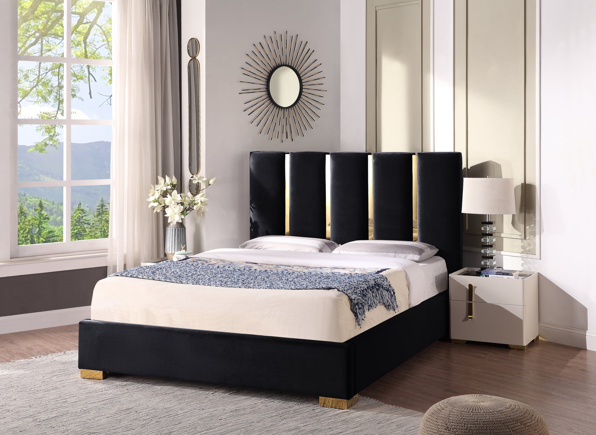 Contemporary Velvet Upholstered Bed, Solid Wood Frame, High Density Foam, Gold Metal Leg, Queen Size Black Velvet