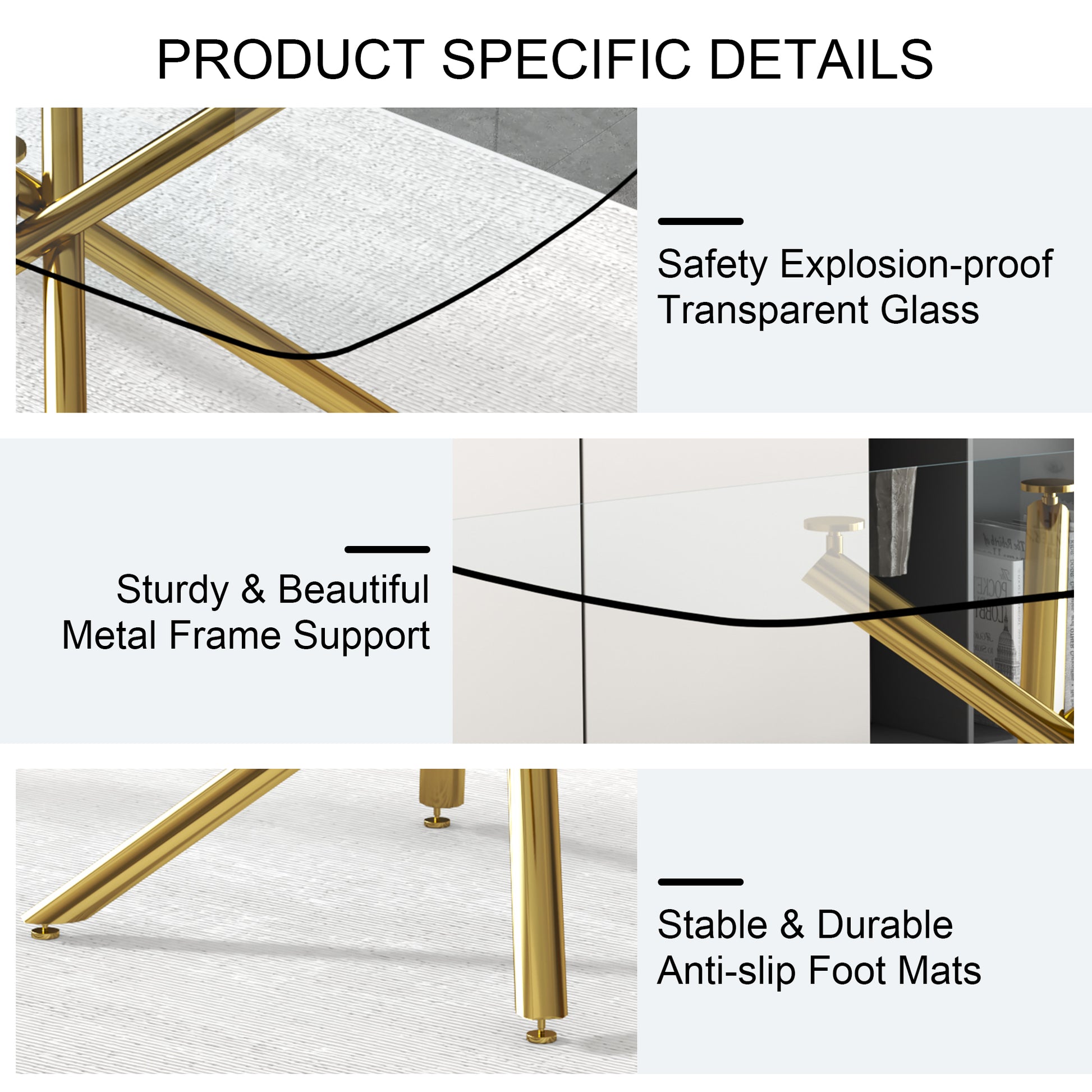 Large Modern Minimalist Rectangular Glass Dining Table For 6 8 With 0.39" Tempered Glass Tabletop And Golden Plated Metal Legs,For Kitchen Dining Living Meeting Room Banquet Hall 71'' X 39'' X30''1537 Golden Metal