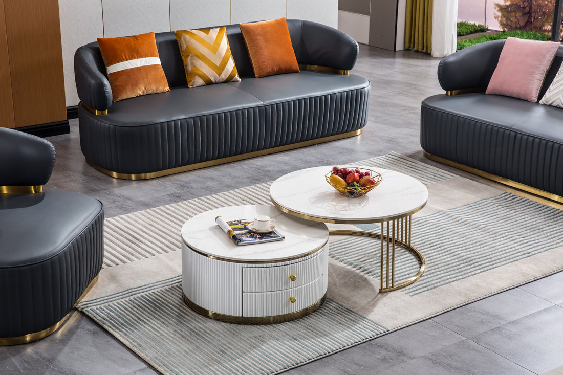 Modern Nesting Mdf Coffee Table Set Of 2, Round White End Table, Sintered Stone Appearance With Gold Finish Metal Base White Mdf