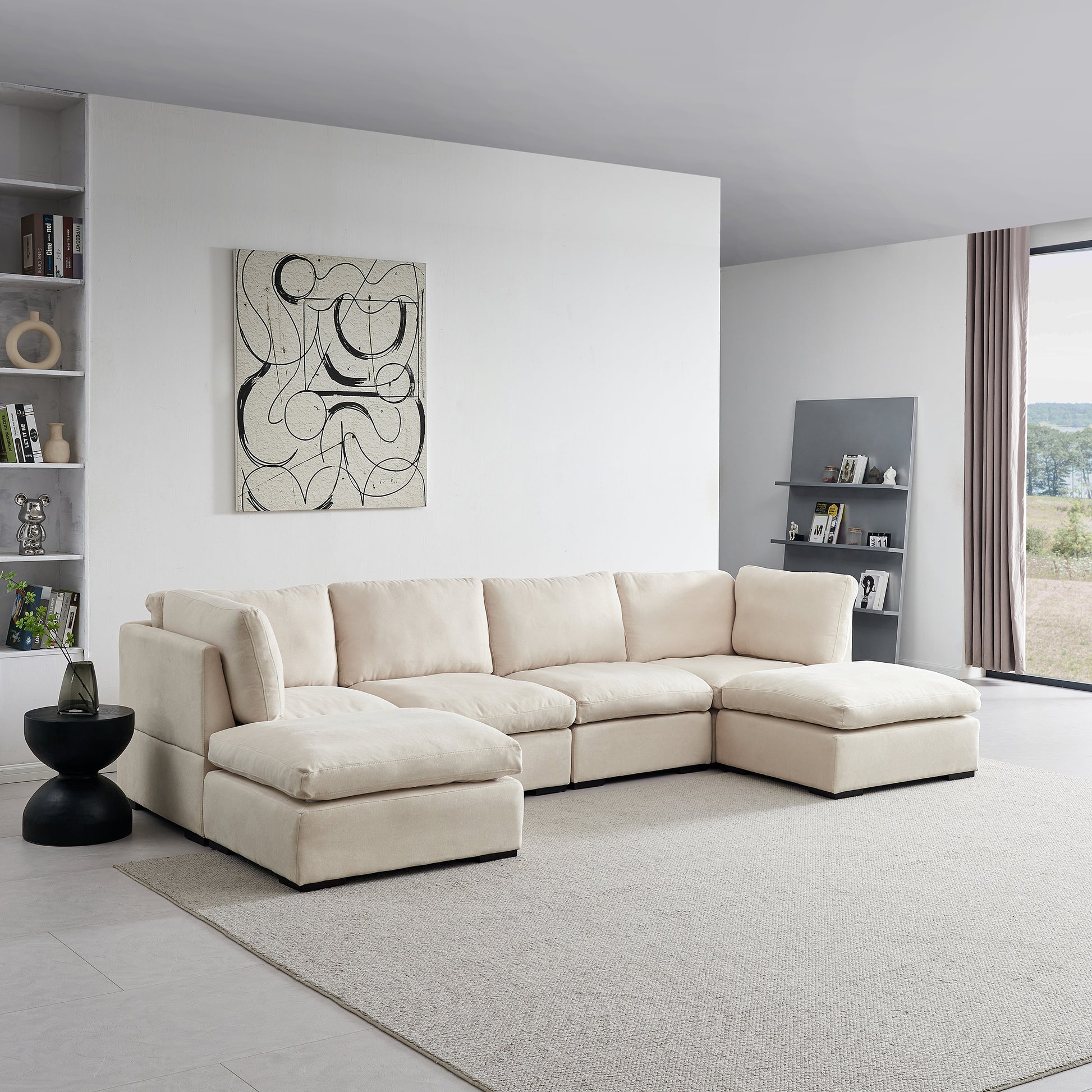 Modular Sofa With Ottoman,Filled With Down ,Soft Linen Fabric,Beige Beige Down Filling Fabric