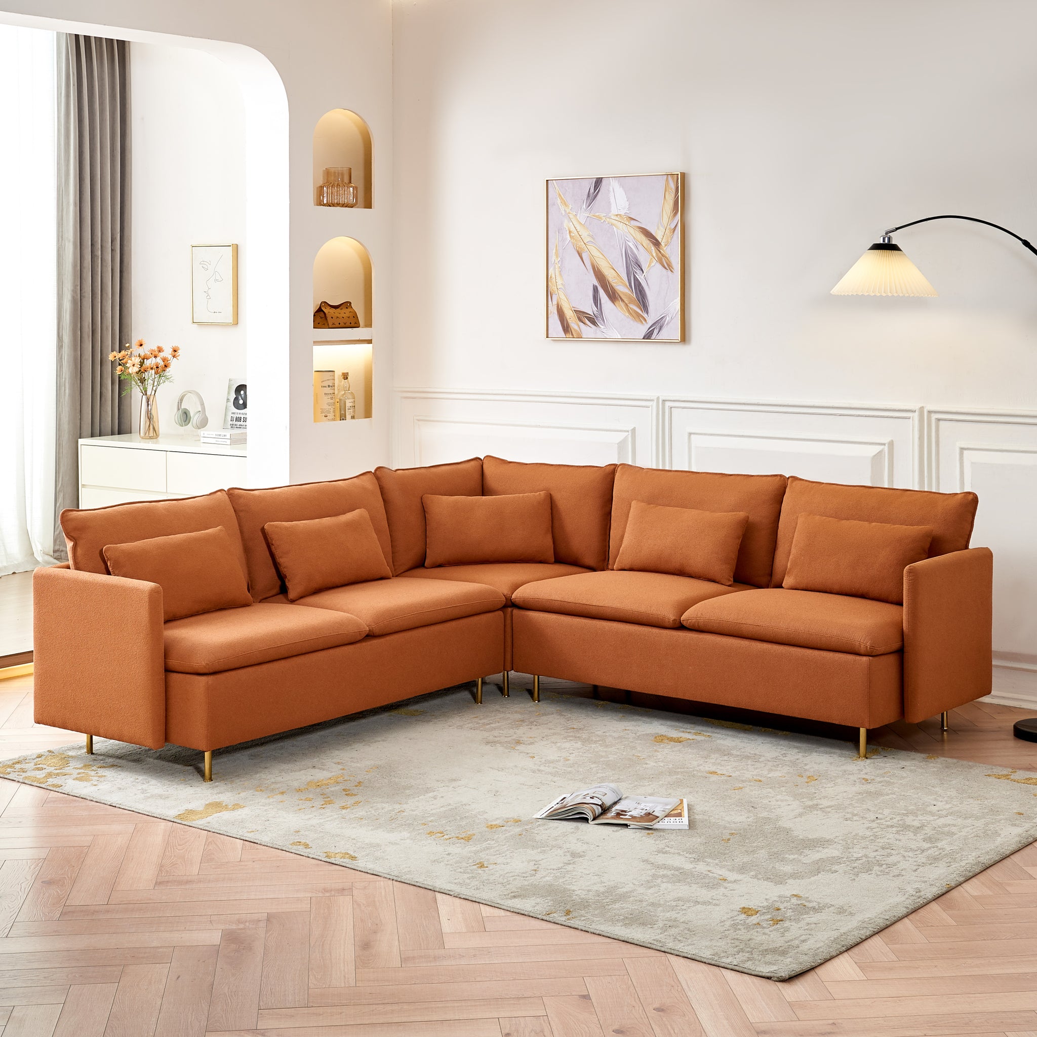 92"Teddy Fabric Sofa, Modern Corner Sectional Sofa With Support Pillow For Living Room, Apartment & Office. Orange Orange Eucalyptus Foam Fabric