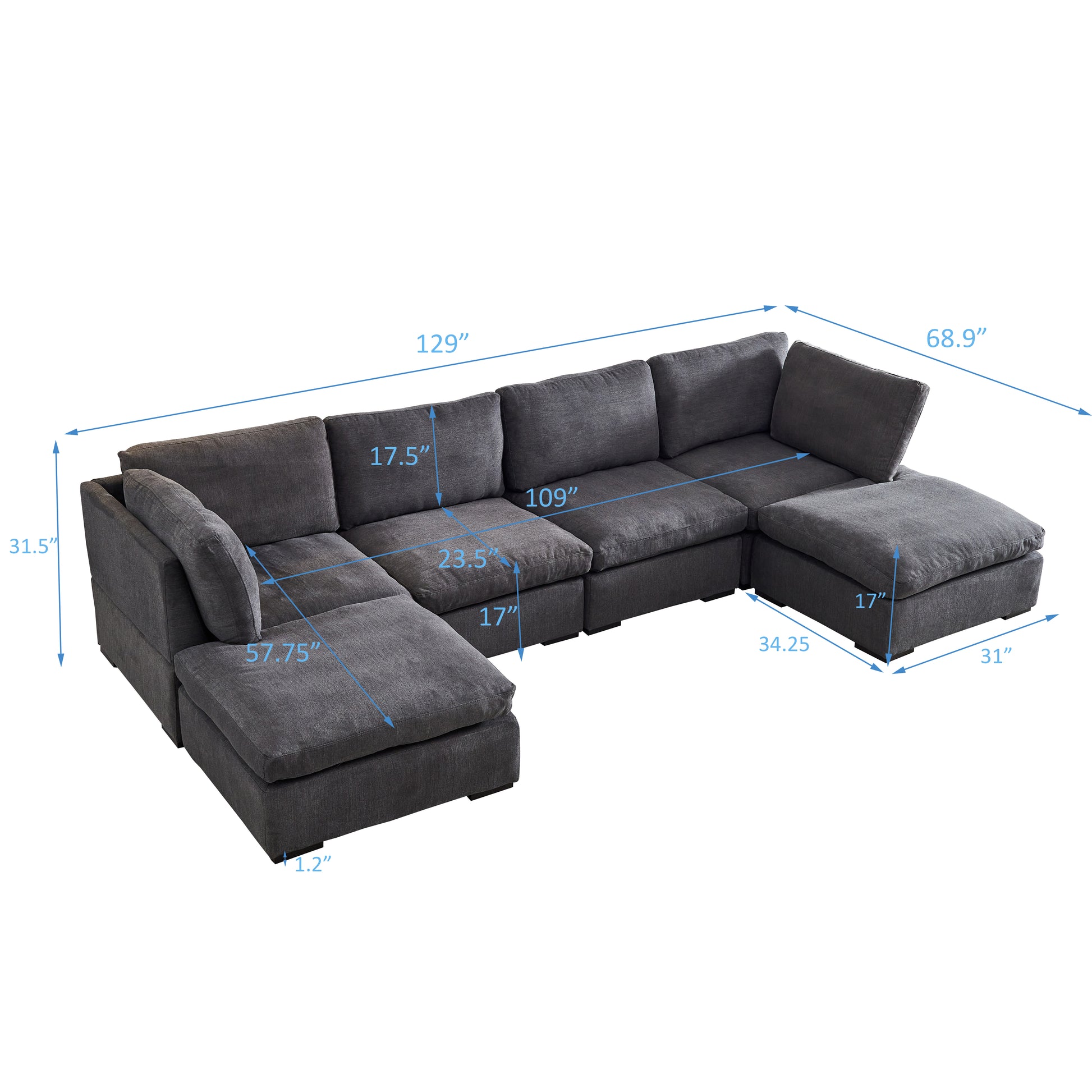 Modular Sofa With Ottoman,Filled With Down ,Soft Linen Fabric,Dark Grey Dark Grey Down Filling Fabric