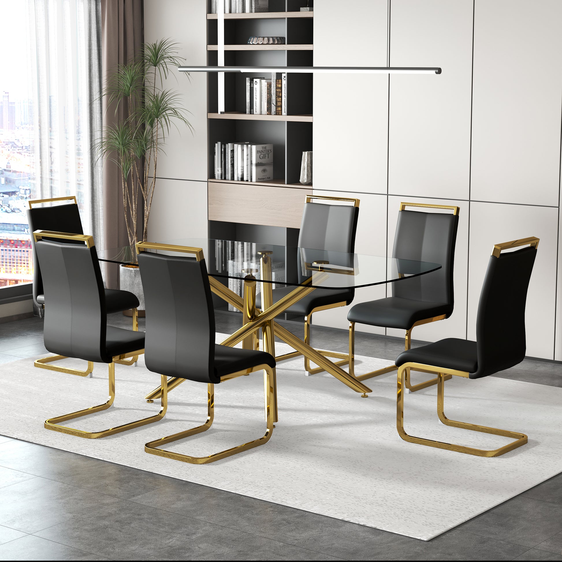 Large Modern Minimalist Rectangular Glass Dining Table For 6 8 With 0.39" Tempered Glass Tabletop And Golden Plated Metal Legs,For Kitchen Dining Living Meeting Room Banquet Hall 71'' X 39'' X30''1537 Golden Metal