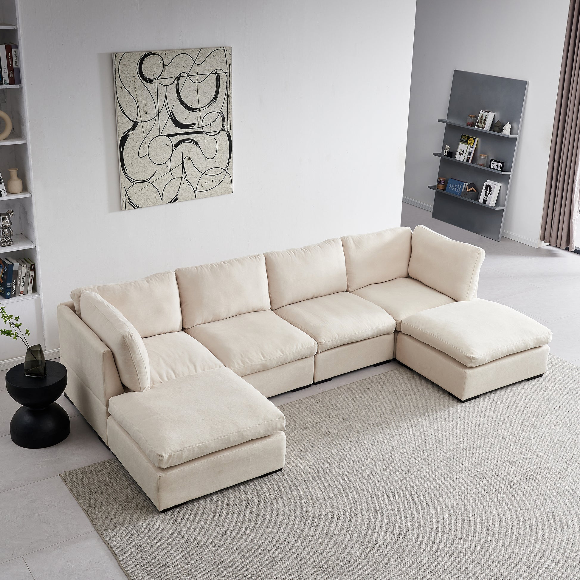 Modular Sofa With Ottoman,Filled With Down ,Soft Linen Fabric,Beige Beige Down Filling Fabric