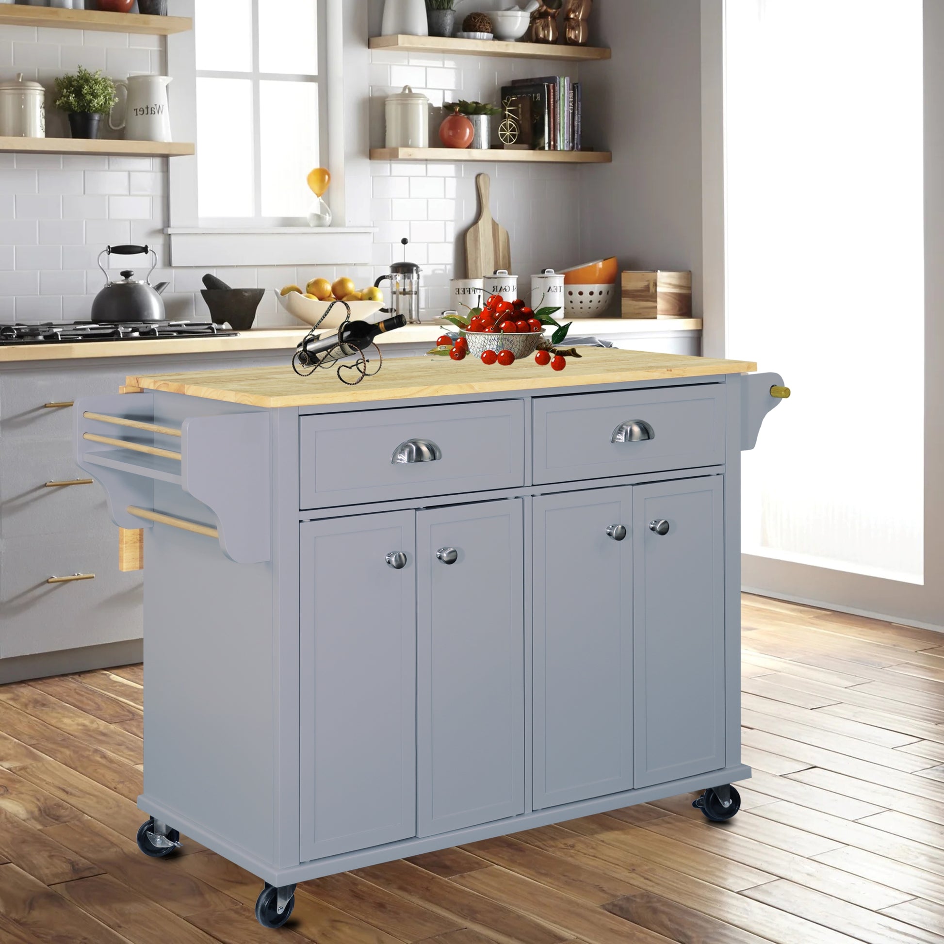 Cambridge Natural Wood Top Kitchen Island With Storage Gray Solid Wood Mdf