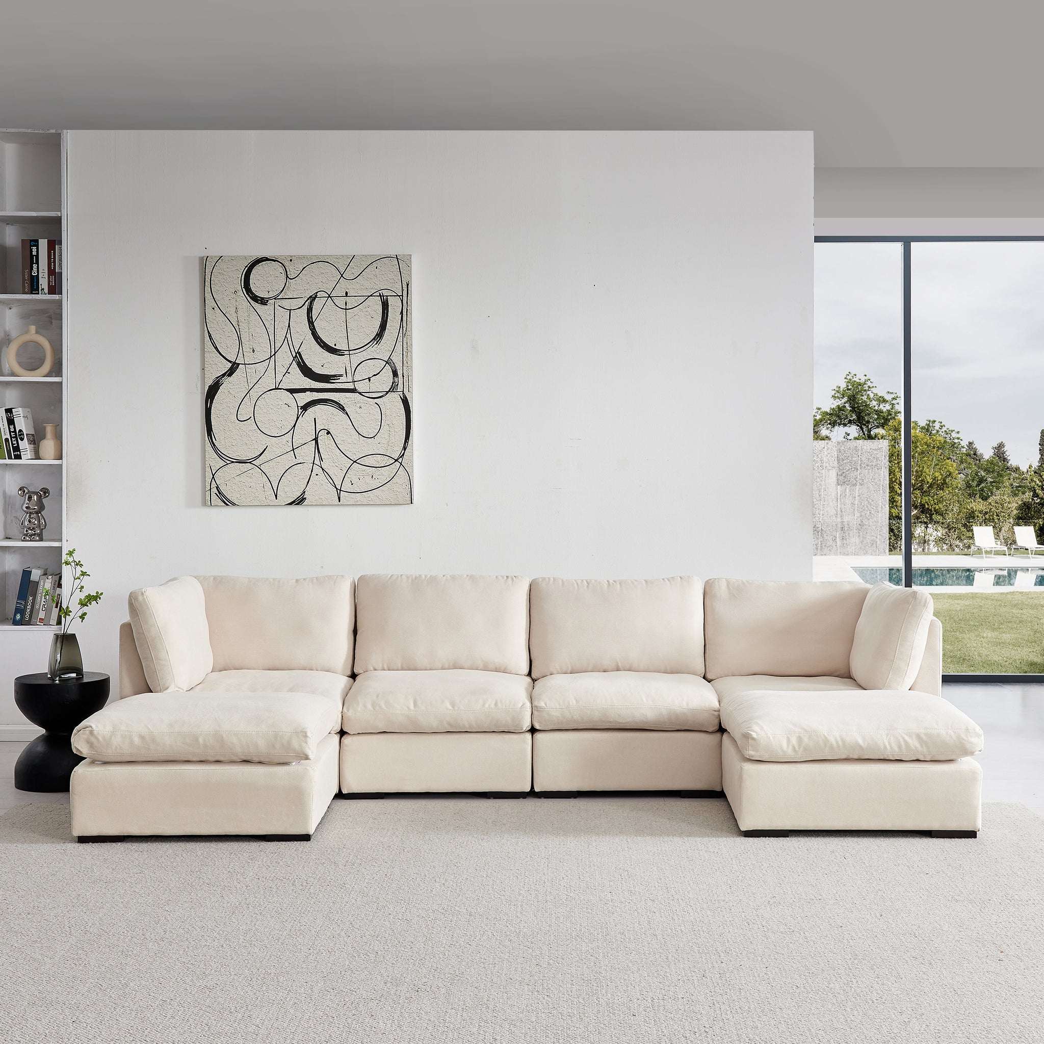 Modular Sofa With Ottoman,Filled With Down ,Soft Linen Fabric,Beige Beige Down Filling Fabric