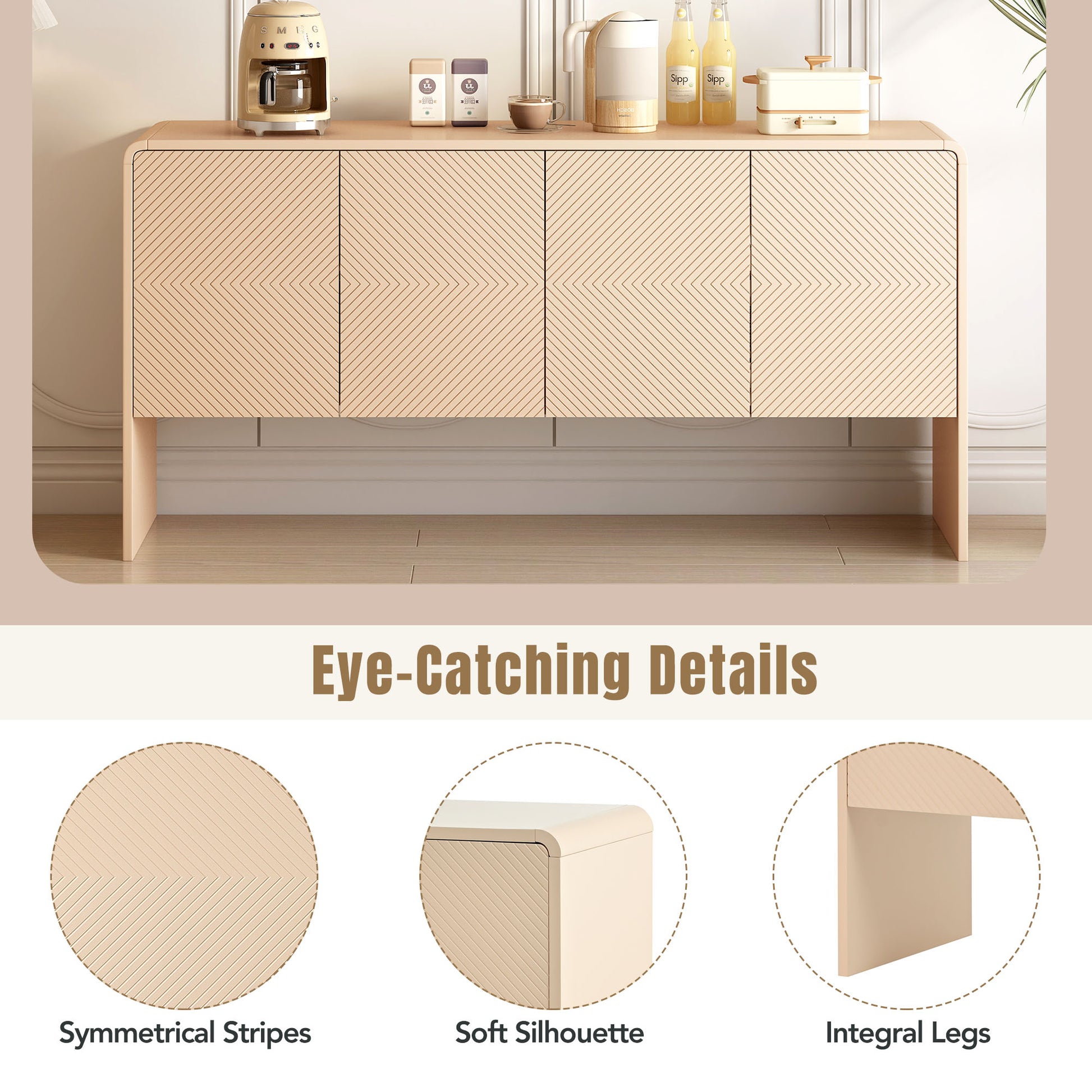 Minimalist Style 60"L Large Storage Space Sideboard With 4 Doors And Rebound Device For Living Room And Entryway Apricot Cream Apricot Cream Mdf