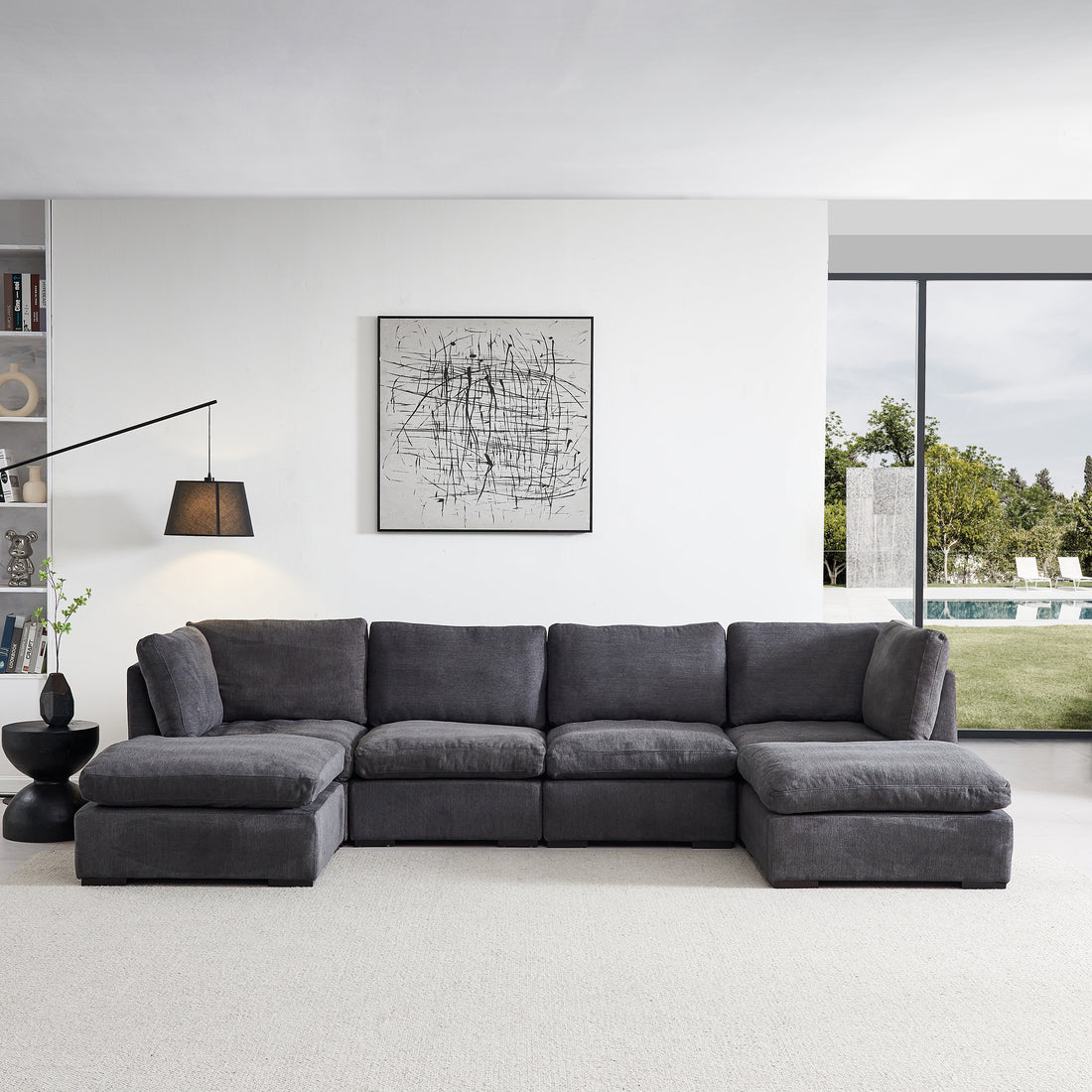 Modular Sofa With Ottoman,Filled With Down ,Soft Linen Fabric,Dark Grey Dark Grey Down Filling Fabric