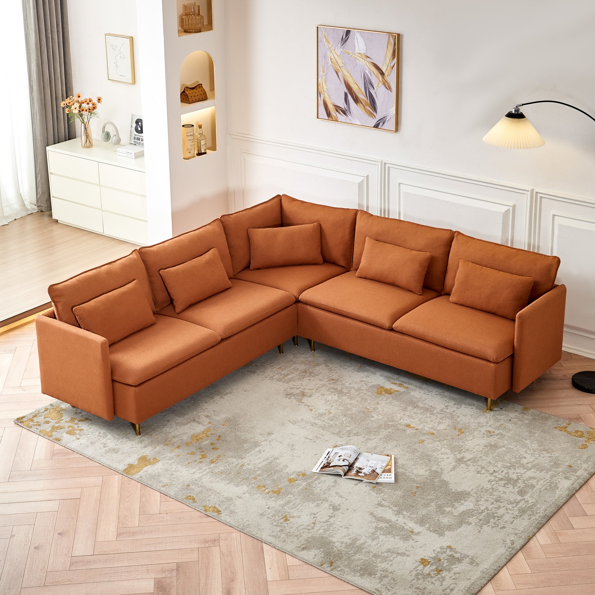 92"Teddy Fabric Sofa, Modern Corner Sectional Sofa With Support Pillow For Living Room, Apartment & Office. Orange Orange Eucalyptus Foam Fabric