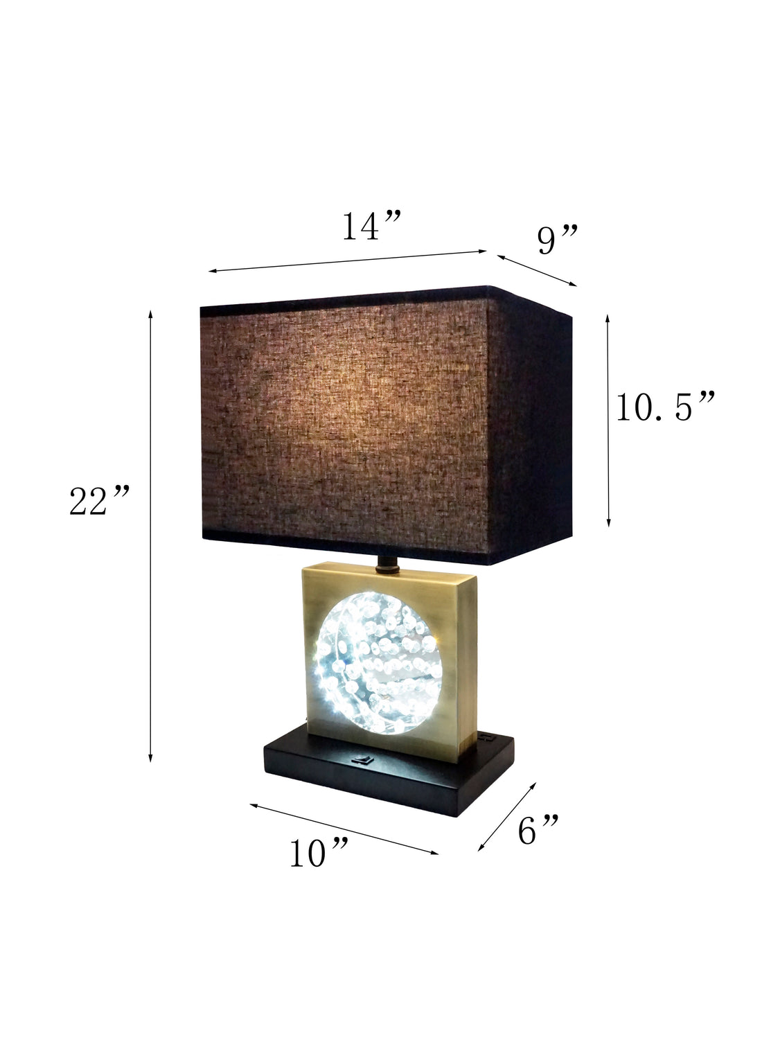 22"H Gold Square W Black Shade Crystal Centerpiece With Night Light, Usb Port Power Outlet Gold Matte Black Metal