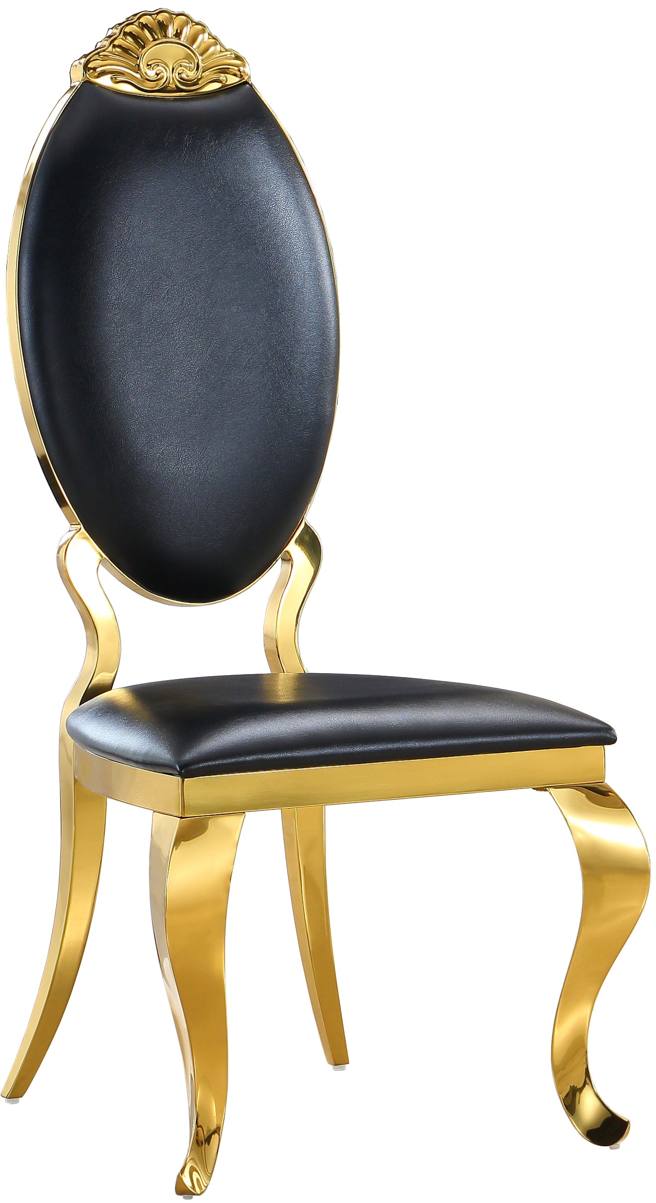 Dining Chair Set Of 2, Oval Back Carving Design With Stainless Steel Legs Black Pu Pu Leather