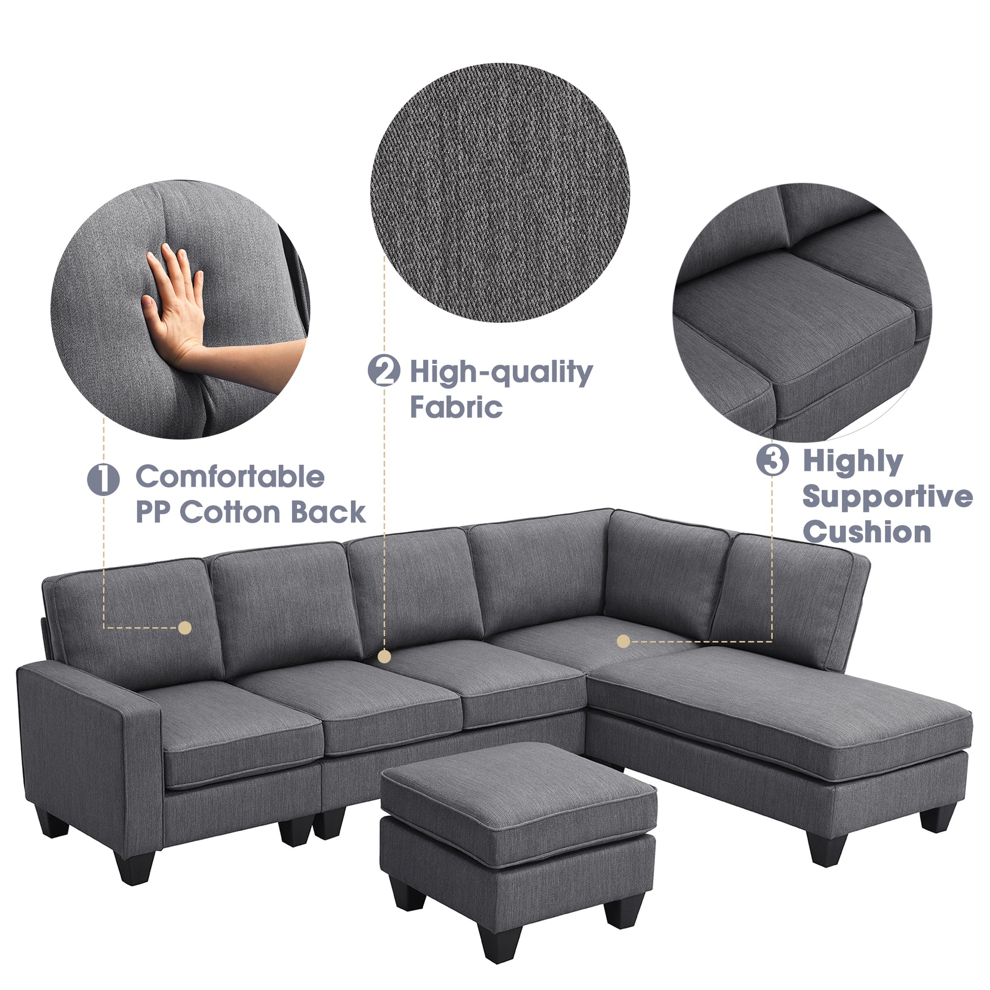 104.3*78.7" Modern L Shaped Sectional Sofa,7 Seat Linen Fabric Couch Set With Chaise Lounge And Convertible Ottoman For Living Room,Apartment,Office,3 Colors Dark Grey Fabric