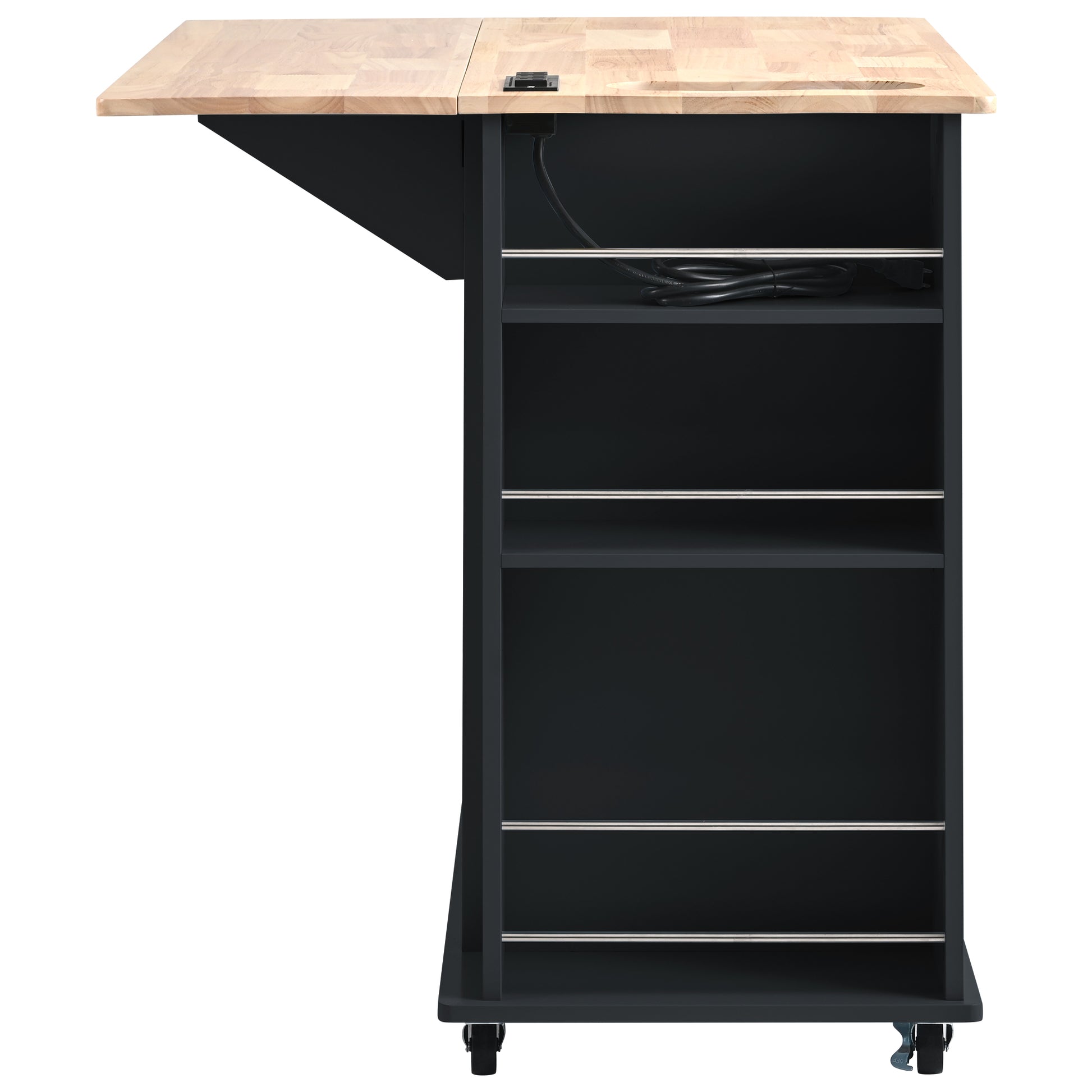 Kitchen Island With Power Outlet,Kitchen Storage Island With Drop Leaf And Rubber Wood,Open Storage And Wine Rack,5 Wheels,With Adjustable Storage For Home, Kitchen, And Dining Room, Black Black Mdf