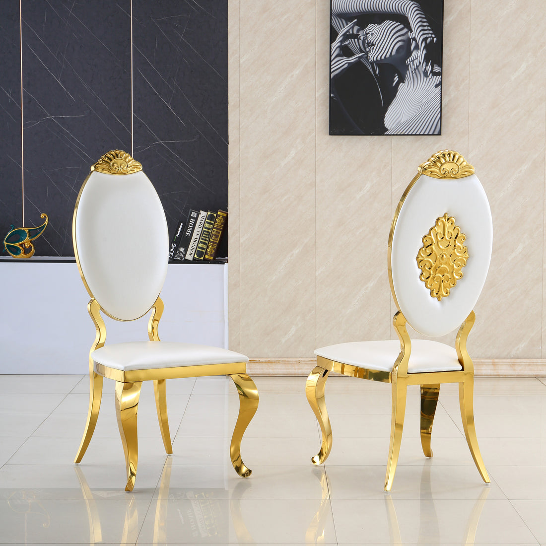 Dining Chair Set Of 2, Oval Back Carving Design With Stainless Steel Legs White Pu Pu Leather