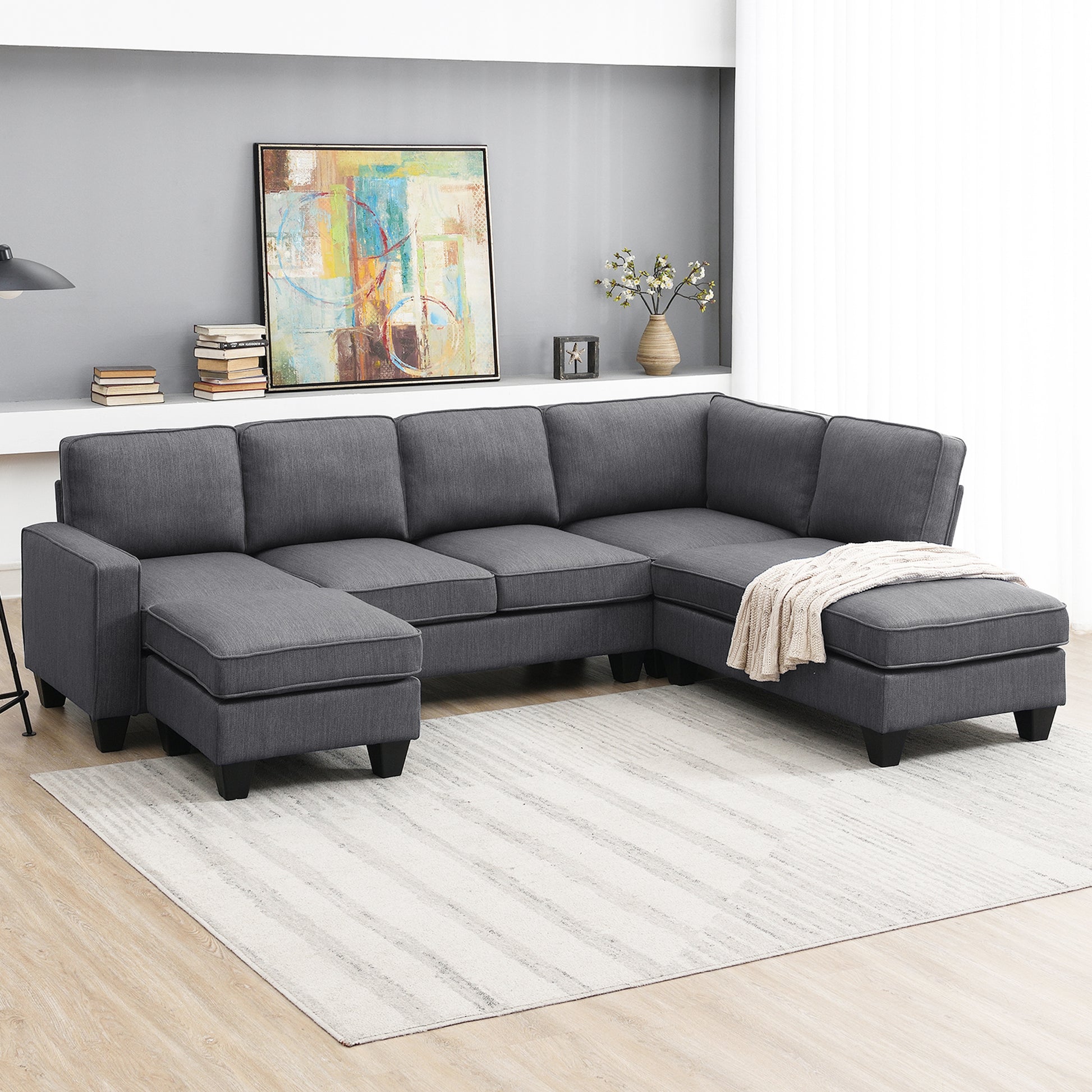 104.3*78.7" Modern L Shaped Sectional Sofa,7 Seat Linen Fabric Couch Set With Chaise Lounge And Convertible Ottoman For Living Room,Apartment,Office,3 Colors Dark Grey Fabric