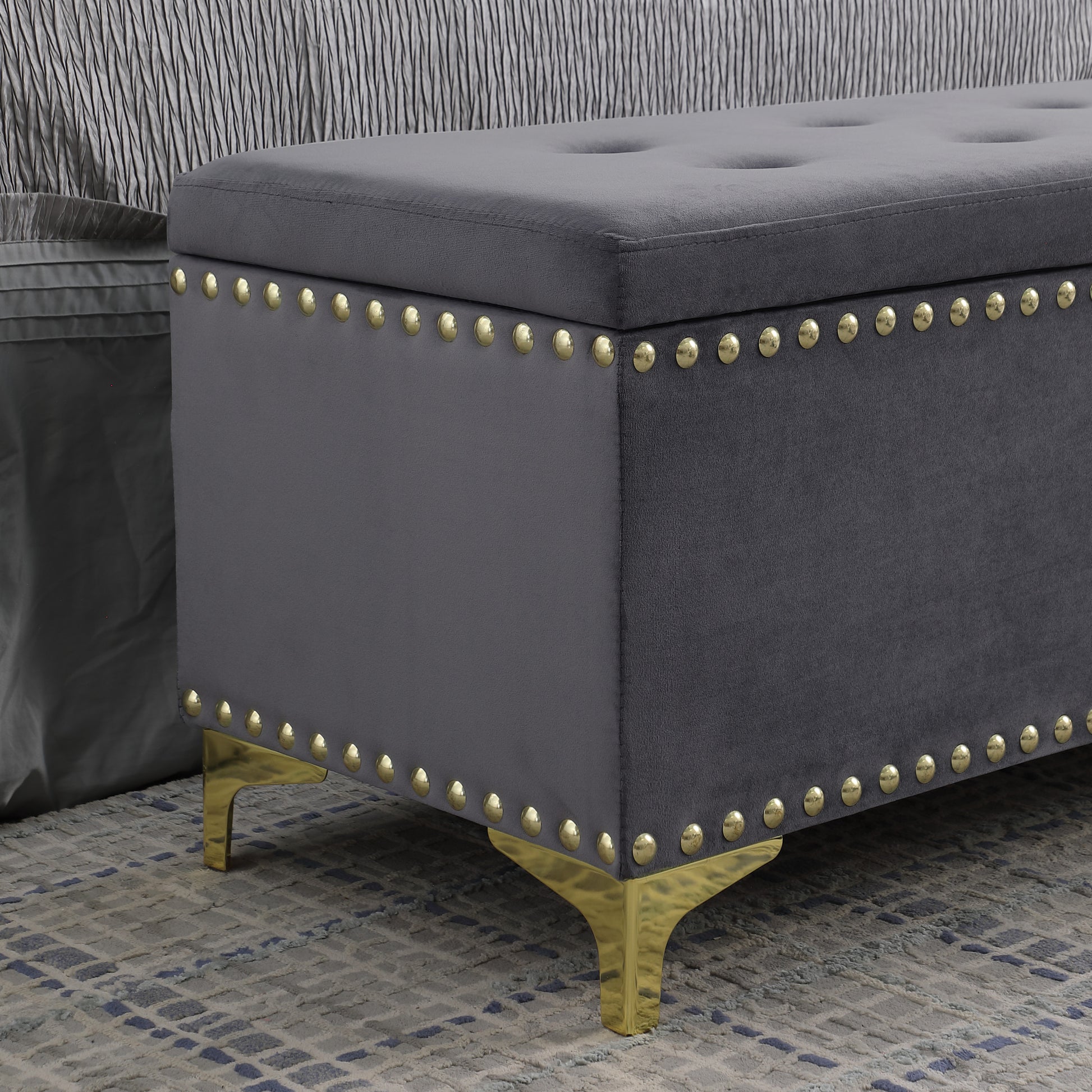 Large Storage Benches Set, Trim 2 In 1 Combination Benches, Tufted Velvet Benches With Gold Leg For Living Room, Entryway, Hallway, Bedroom Support 250Lbs Grey Fabric