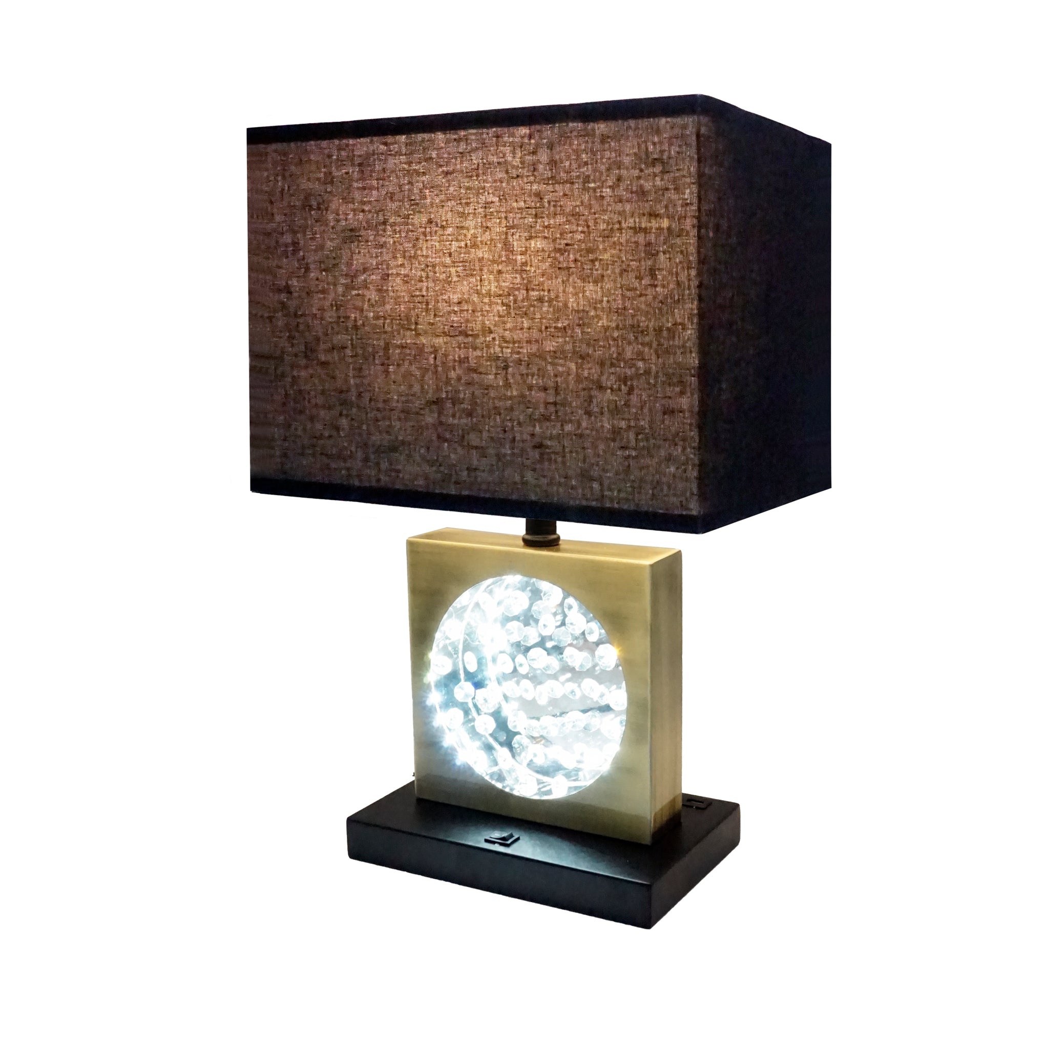 22"H Gold Square W Black Shade Crystal Centerpiece With Night Light, Usb Port Power Outlet Gold Matte Black Metal