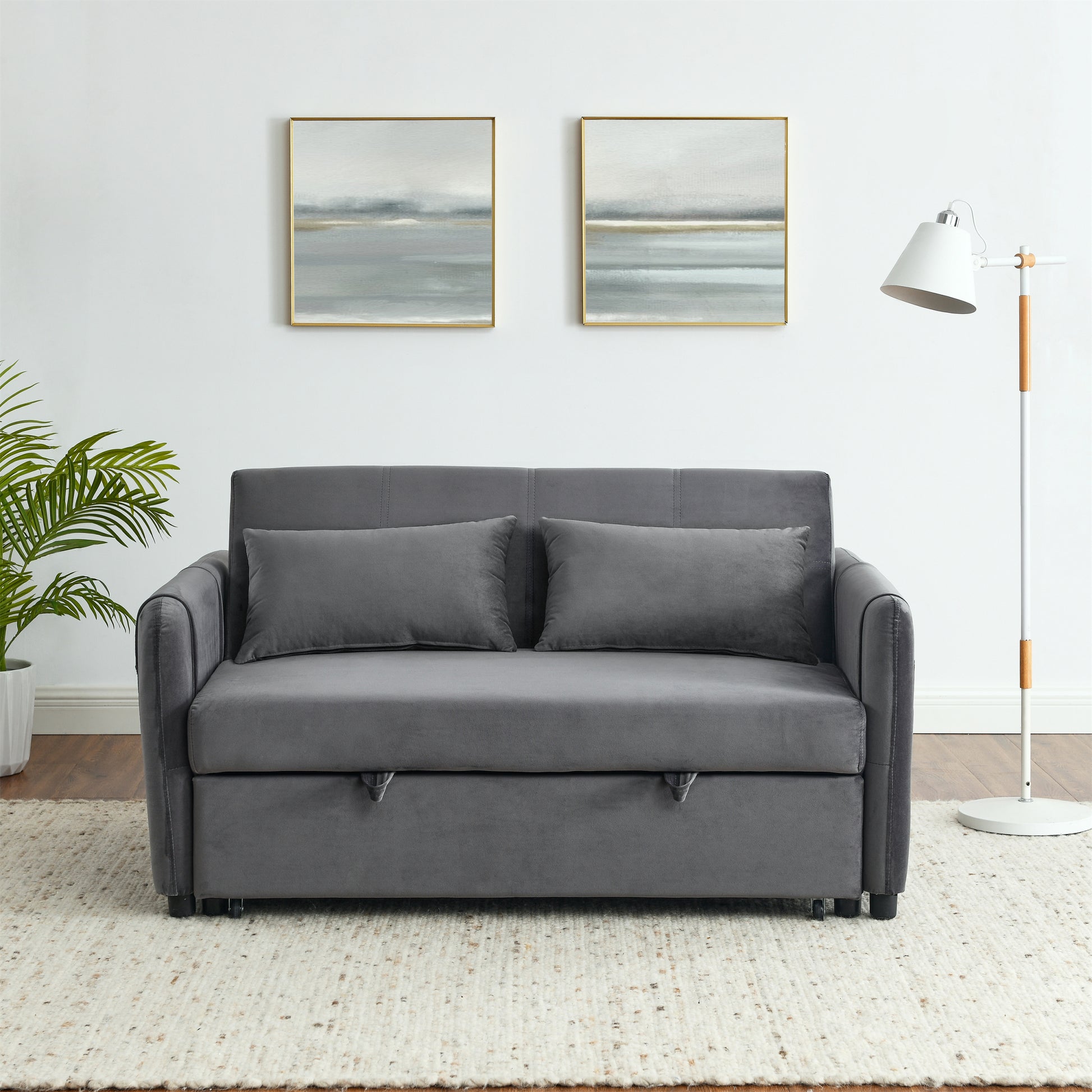 Convertible Sofa Bed, 3 In 1 Versatile Velvet Double Sofa With Pullout Bed, Seat With Adjustable Backrest, Lumbar Pillows, And Living Room Side Pockets, 54 Inch, Grey Brown Wood Primary Living Space Delicate Duty Eucalyptus 2 Seat Grey Velvet Soft Pillow