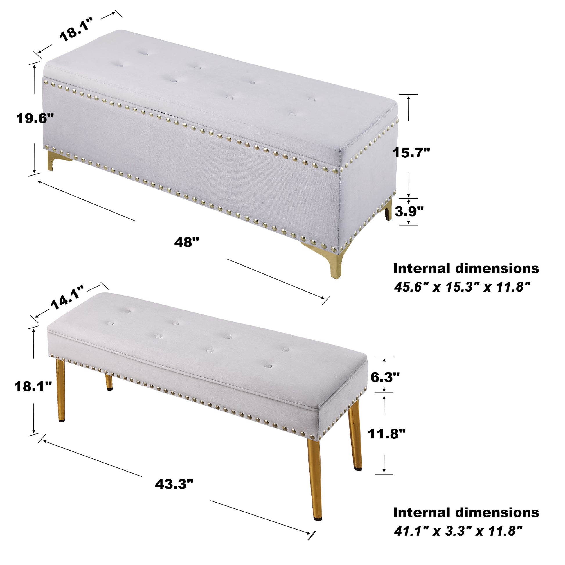 Large Storage Benches Set, Trim 2 In 1 Combination Benches, Tufted Velvet Benches With Gold Leg For Living Room, Entryway, Hallway, Bedroom Support 250Lbs Light Gray Fabric