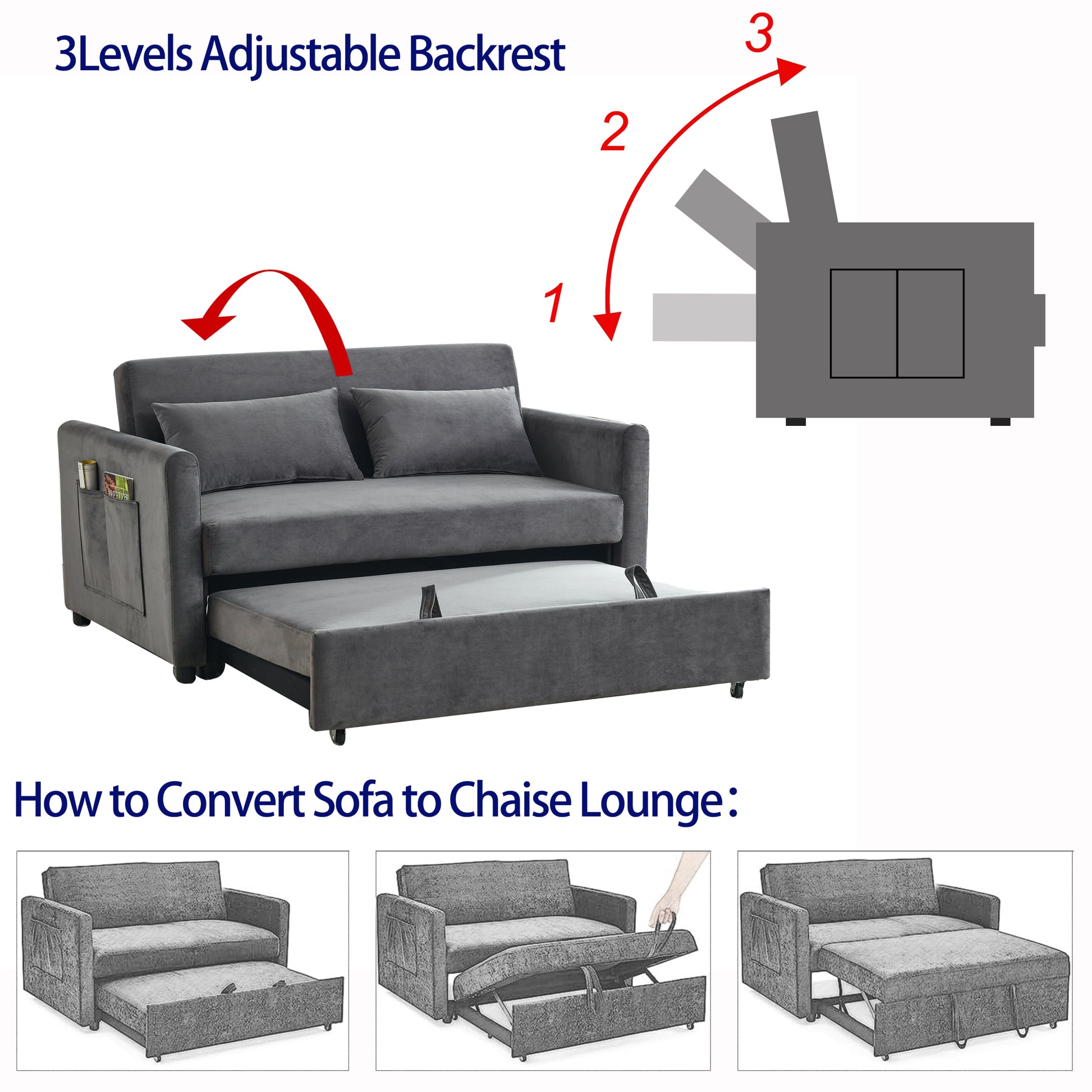 Convertible Sofa Bed, 3 In 1 Versatile Velvet Double Sofa With Pullout Bed, Seat With Adjustable Backrest, Lumbar Pillows, And Living Room Side Pockets, 54 Inch, Grey Light Brown Wood Primary Living Space Delicate Duty Eucalyptus 2 Seat Grey Velvet Soft