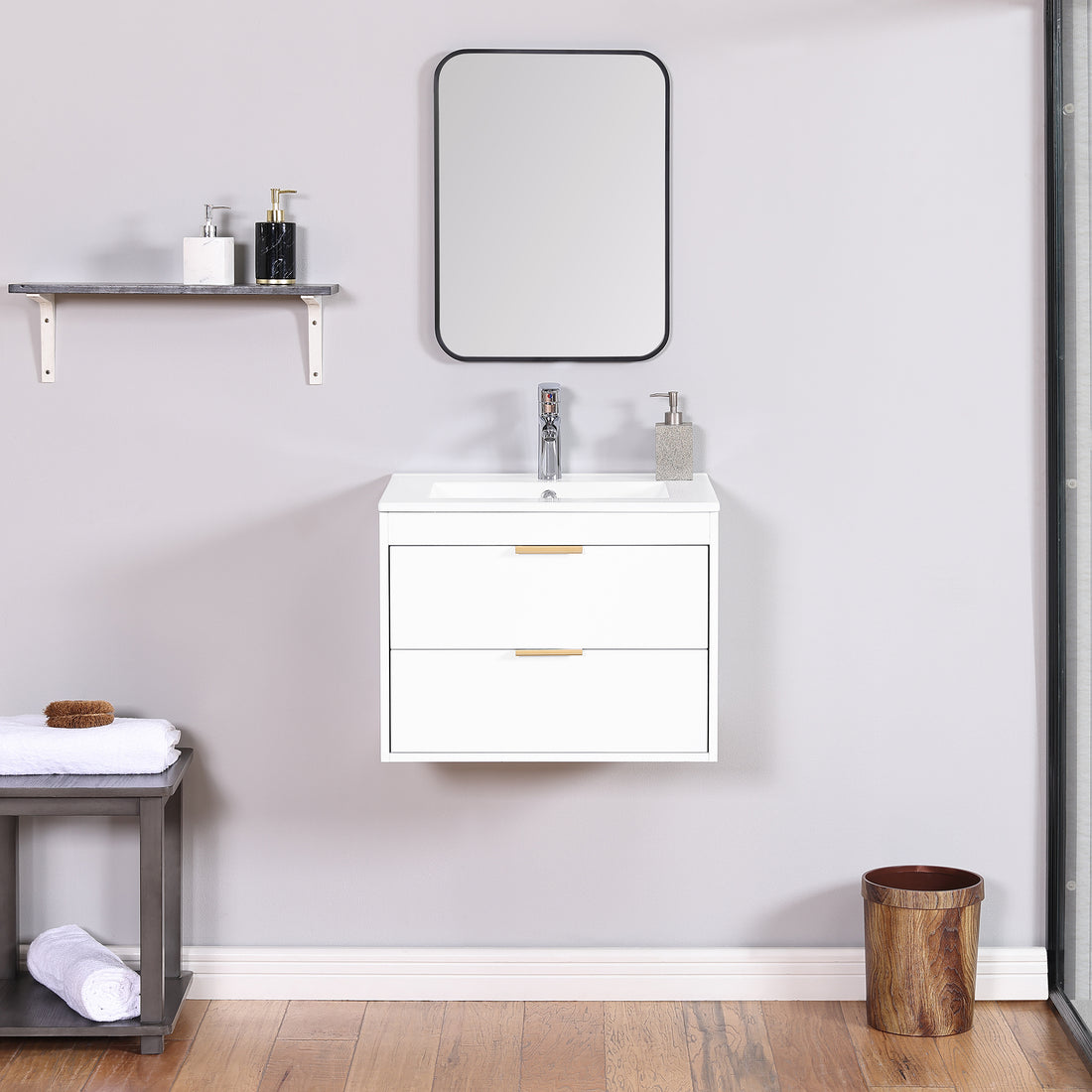 24" Floating Wall Mounted Bathroom Vanity With White Ceramic Sink And Drawer Storage White Wall Mounted Ceramic Mdf