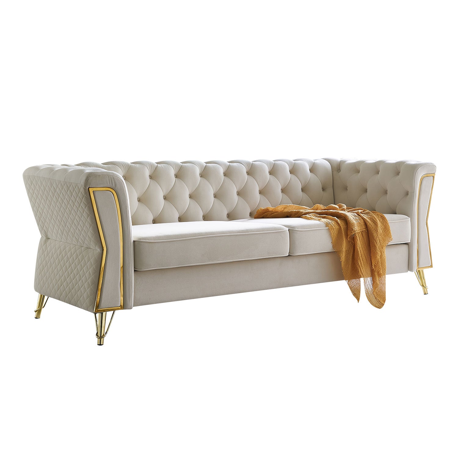 Modern Tufted Velvet Sofa 87.4 Inch For Living Room Beige Color Beige Velvet Wood Primary Living Space Tufted Back Modern Flared Arms Foam Velvet 2 Seat