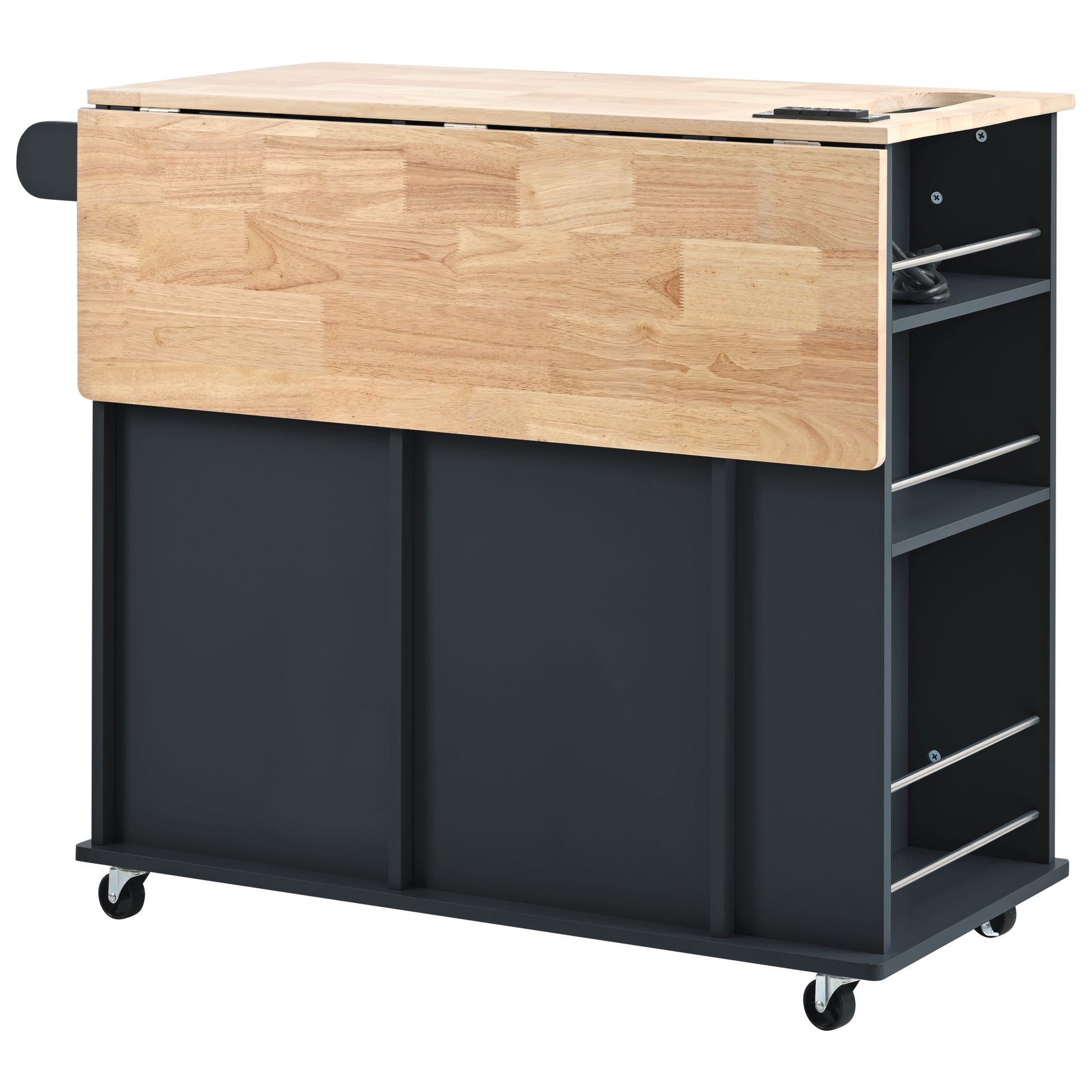 Kitchen Island With Power Outlet,Kitchen Storage Island With Drop Leaf And Rubber Wood,Open Storage And Wine Rack,5 Wheels,With Adjustable Storage For Home, Kitchen, And Dining Room, Black Black Mdf