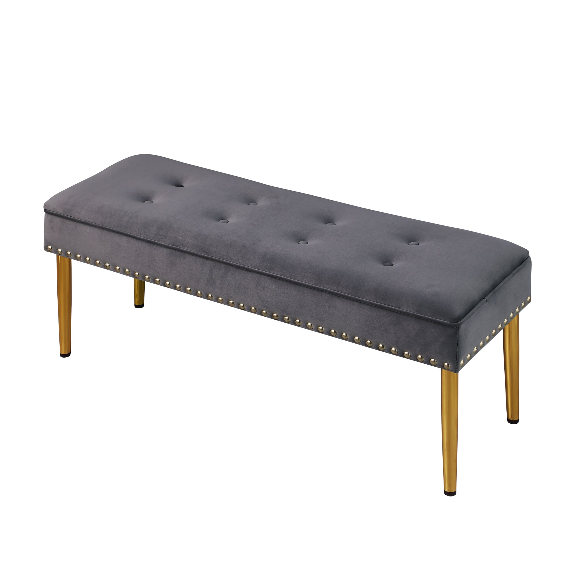 Large Storage Benches Set, Trim 2 In 1 Combination Benches, Tufted Velvet Benches With Gold Leg For Living Room, Entryway, Hallway, Bedroom Support 250Lbs Grey Fabric