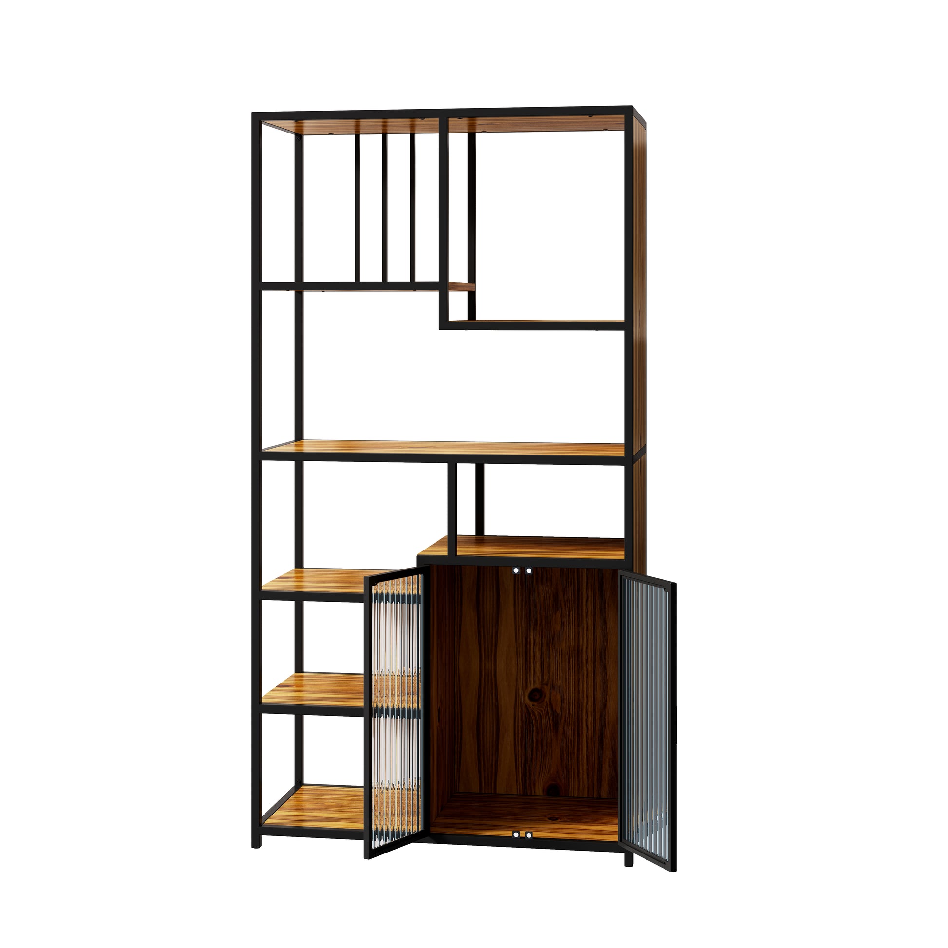 Multipurpose Bookshelf Storage Rack, With Enclosed Storage Cabinet,For Living Room,Home Office,Kitchen Combined Type Black Brown Metal & Wood