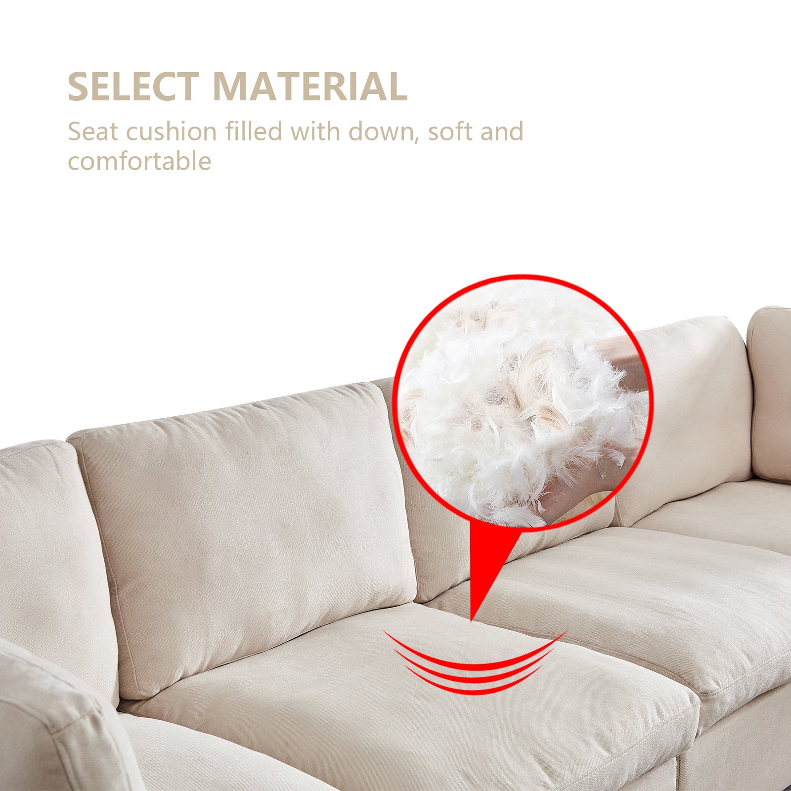 Modular Sofa With Ottoman,Filled With Down ,Soft Linen Fabric,Beige Beige Down Filling Fabric