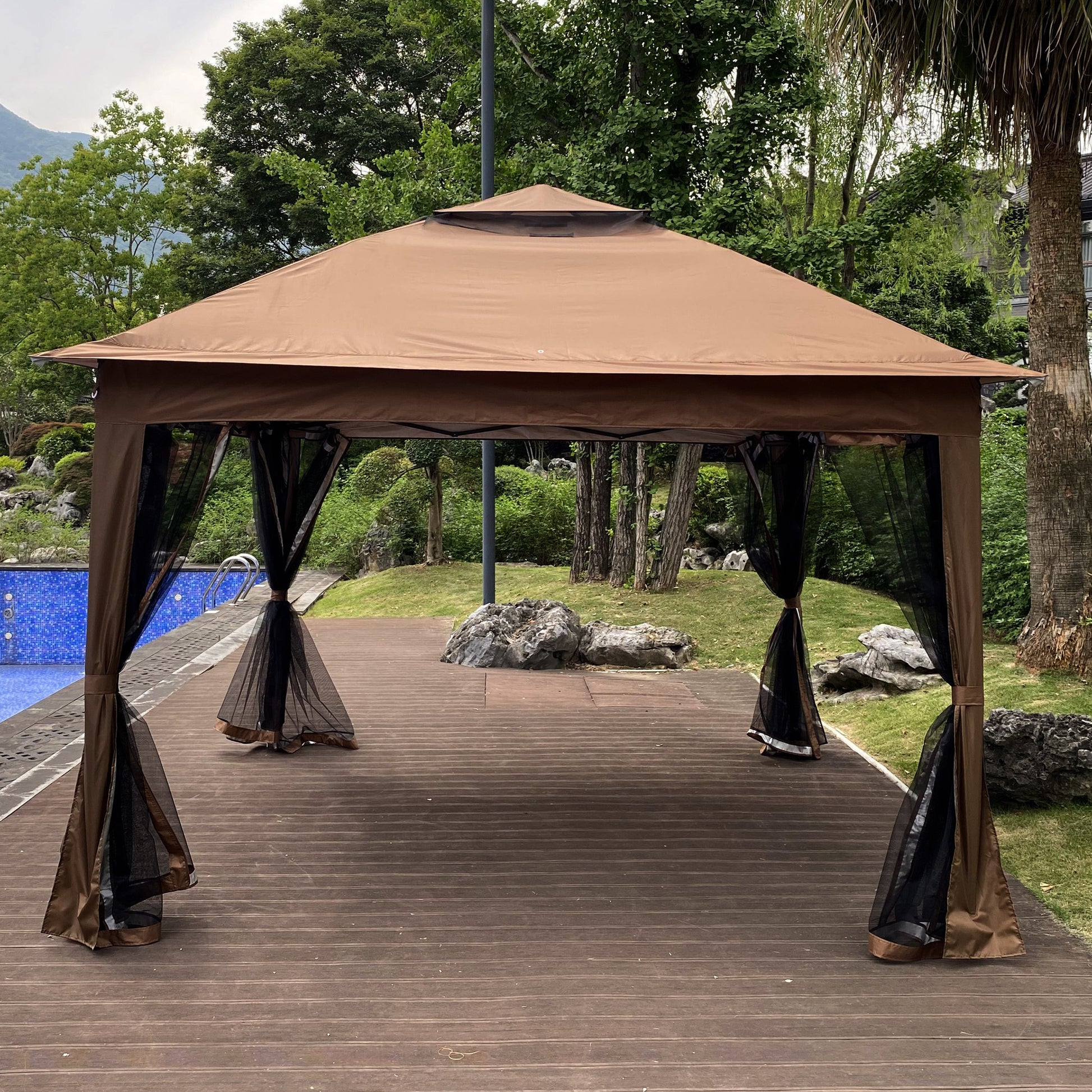 Outdoor 11X 11Ft Pop Up Gazebo Canopy With Removable Zipper Netting,2 Tier Soft Top Event Tent,Suitable For Patio Backyard Garden Camping Area With 4 Sandbags,Brown Brown Metal