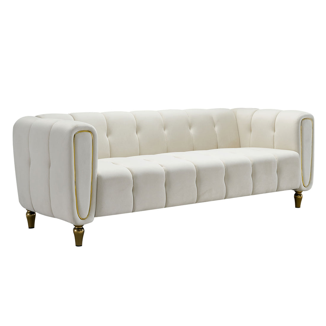 Modern Velvet Sofa 83.07 Inch For Living Room Beige Color Beige Velvet Wood Primary Living Space Tufted Back Modern Rolled Arms Foam Velvet 1 Seat
