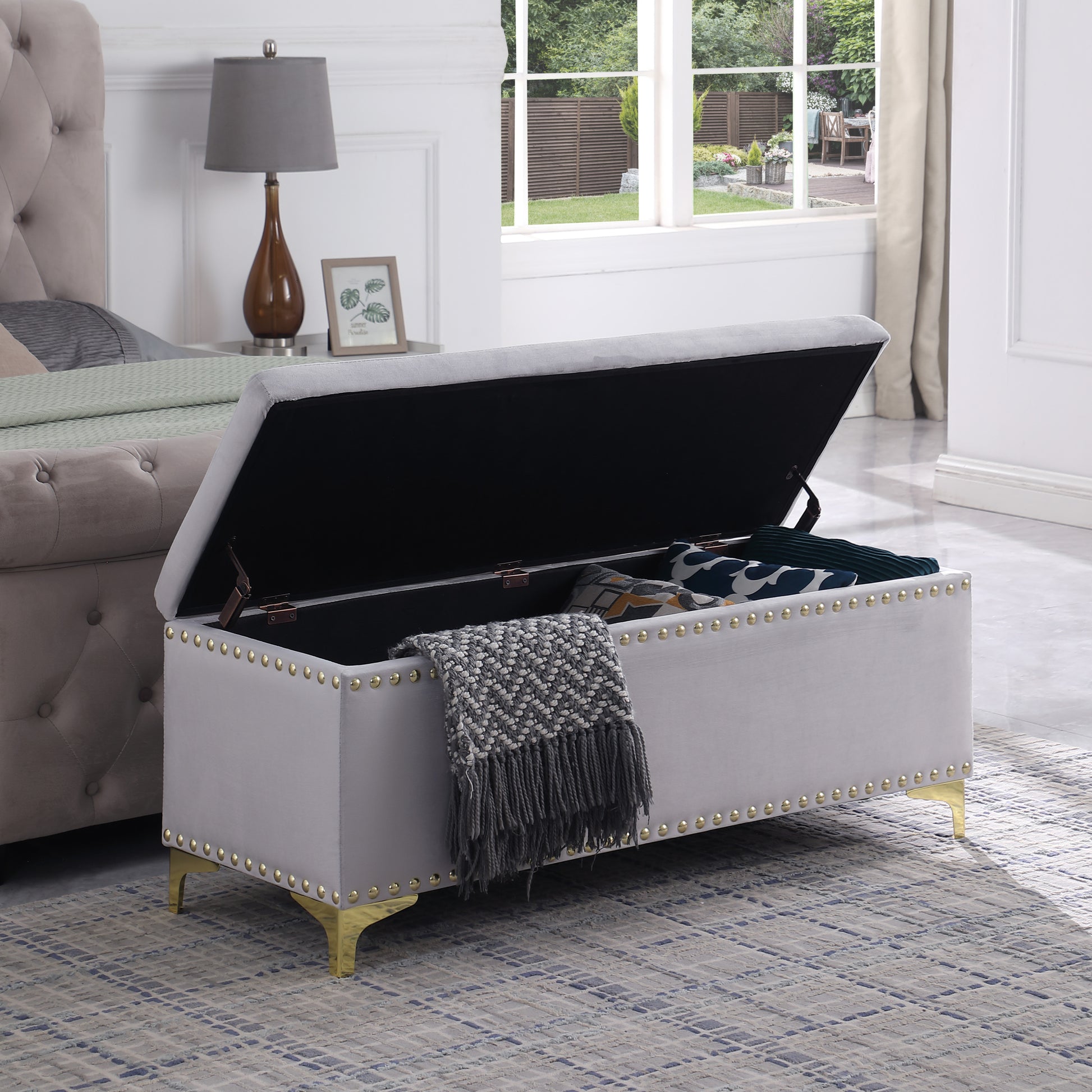 Large Storage Benches Set, Trim 2 In 1 Combination Benches, Tufted Velvet Benches With Gold Leg For Living Room, Entryway, Hallway, Bedroom Support 250Lbs Light Gray Fabric