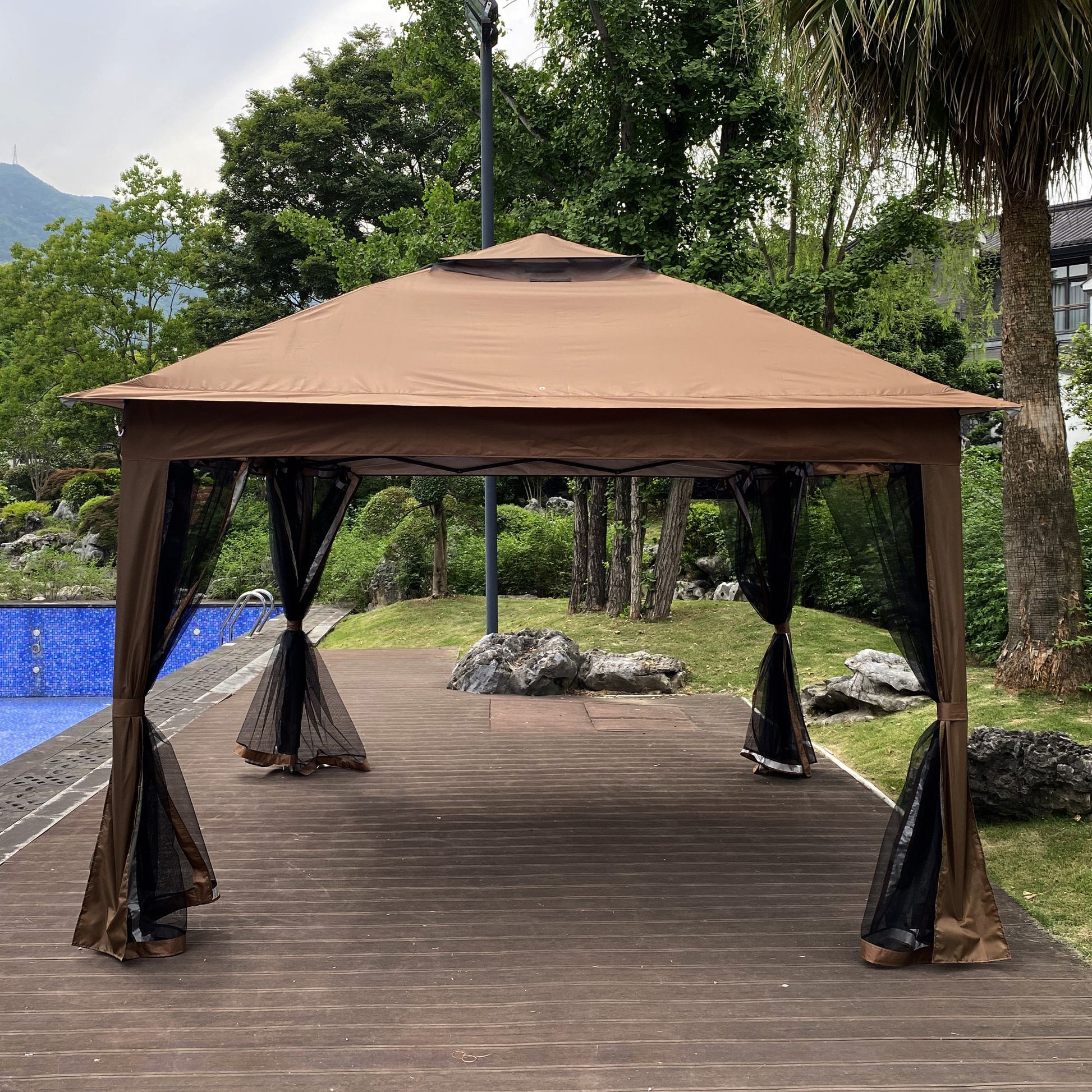 Outdoor 11X 11Ft Pop Up Gazebo Canopy With Removable Zipper Netting,2 Tier Soft Top Event Tent,Suitable For Patio Backyard Garden Camping Area With 4 Sandbags,Brown Brown Metal