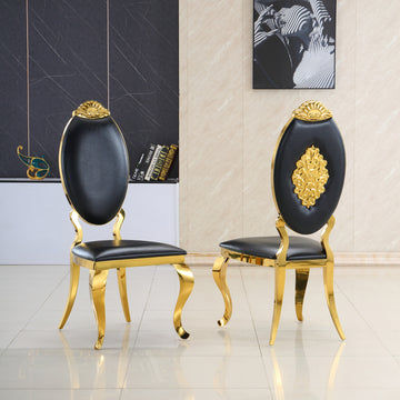 Dining Chair Set Of 2, Oval Back Carving Design With Stainless Steel Legs Black Pu Pu Leather