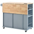 Kitchen Island With Power Outlet,Kitchen Storage Island With Drop Leaf And Rubber Wood,Open Storage And Wine Rack,5 Wheels,With Adjustable Storage For Home, Kitchen, And Dining Room, Grey Blue Blue Mdf