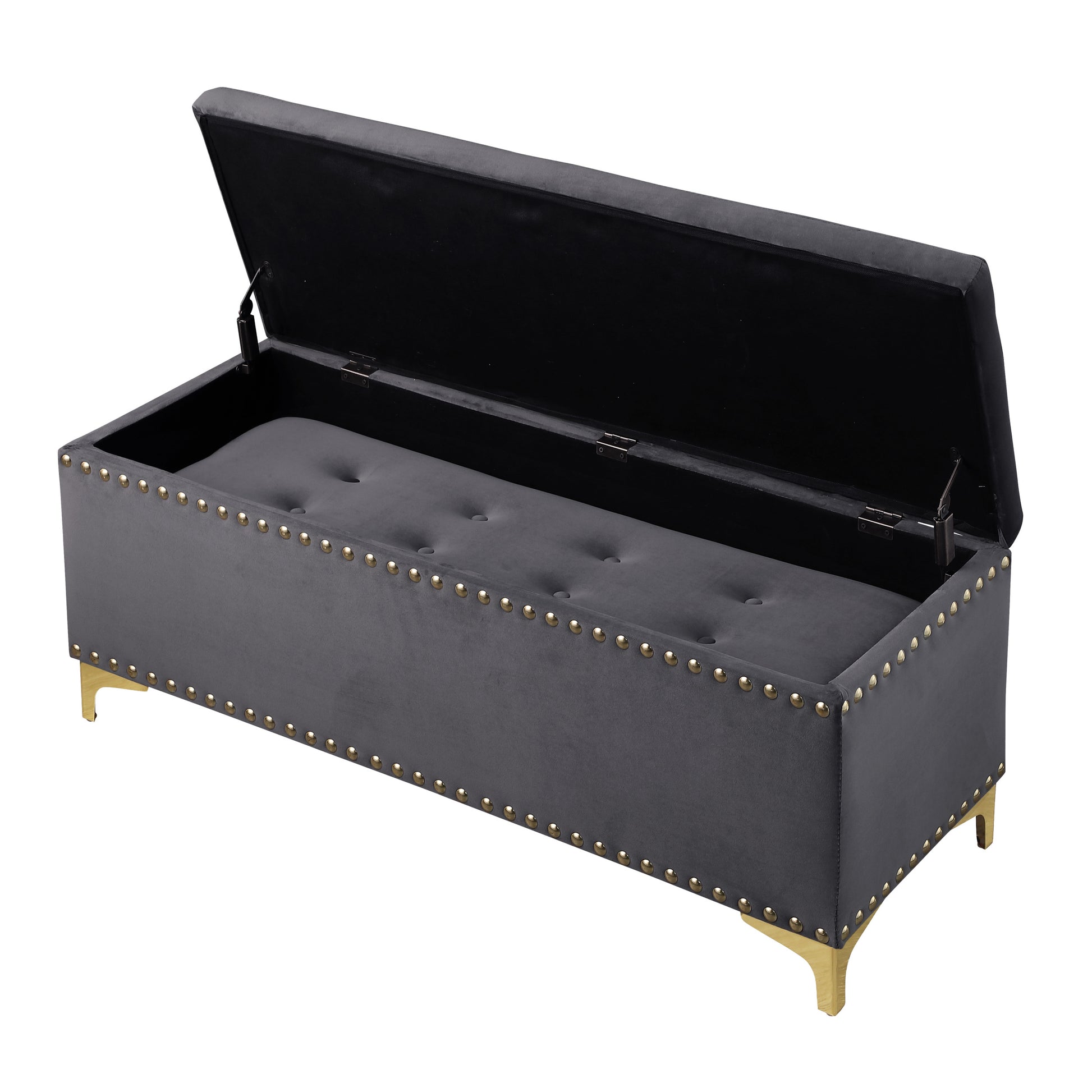 Large Storage Benches Set, Trim 2 In 1 Combination Benches, Tufted Velvet Benches With Gold Leg For Living Room, Entryway, Hallway, Bedroom Support 250Lbs Grey Fabric