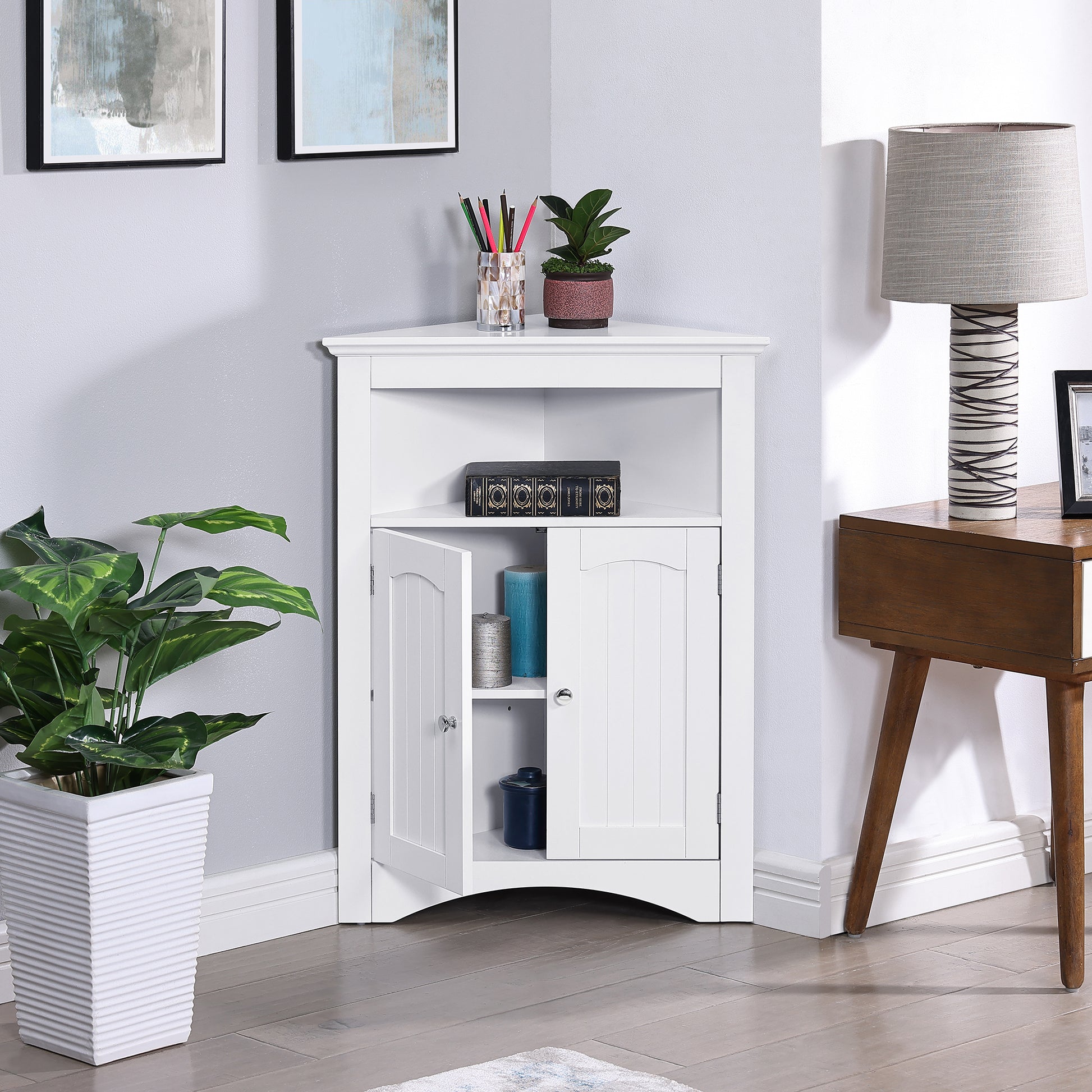 Sideboard Cabinet,Corner Cabinet,Bathroom Floor Corner Cabinet With Doors And Shelves, Kitchen, Living Room,Free Standing Storage Cabinet For Bathroom White Mdf