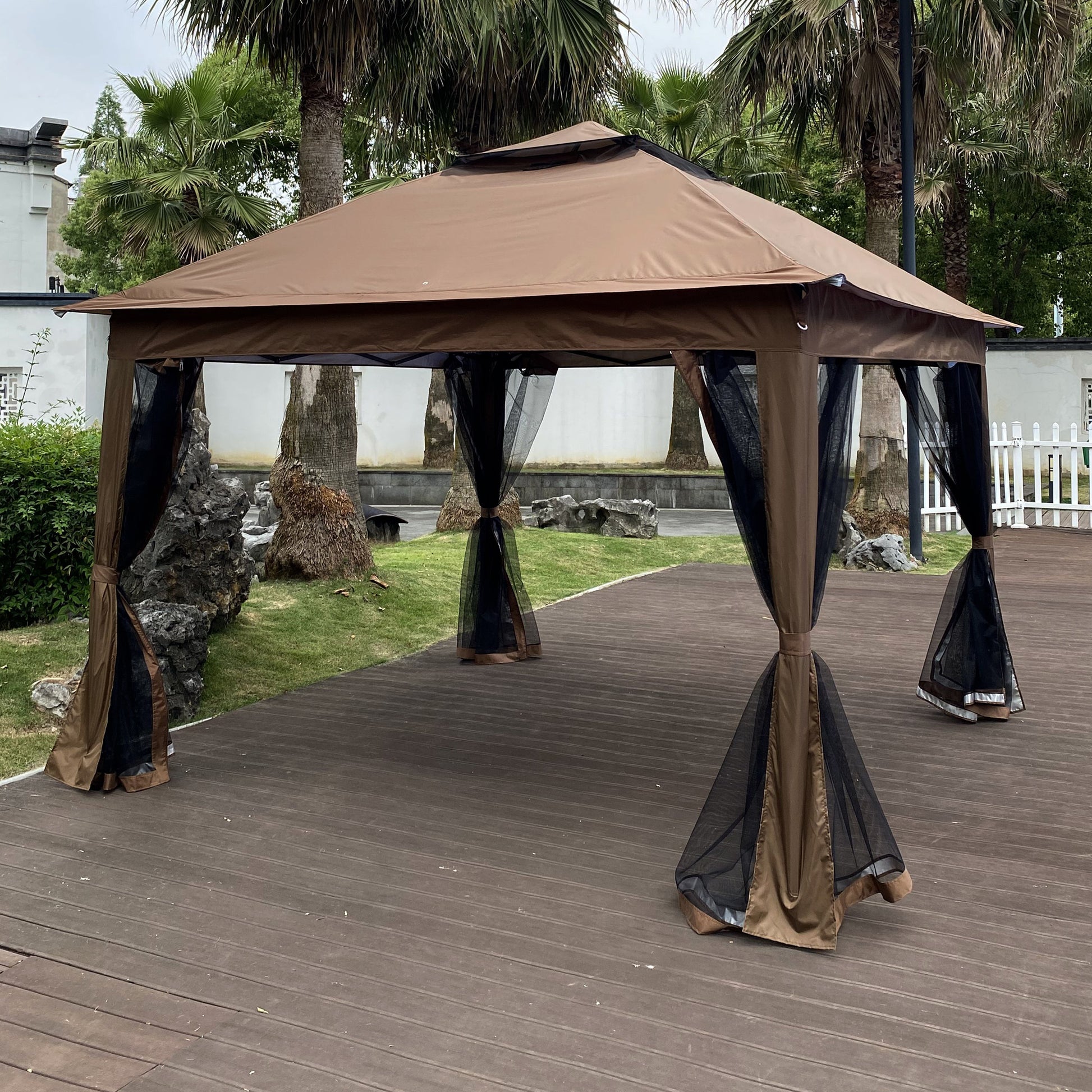 Outdoor 11X 11Ft Pop Up Gazebo Canopy With Removable Zipper Netting,2 Tier Soft Top Event Tent,Suitable For Patio Backyard Garden Camping Area With 4 Sandbags,Brown Brown Metal