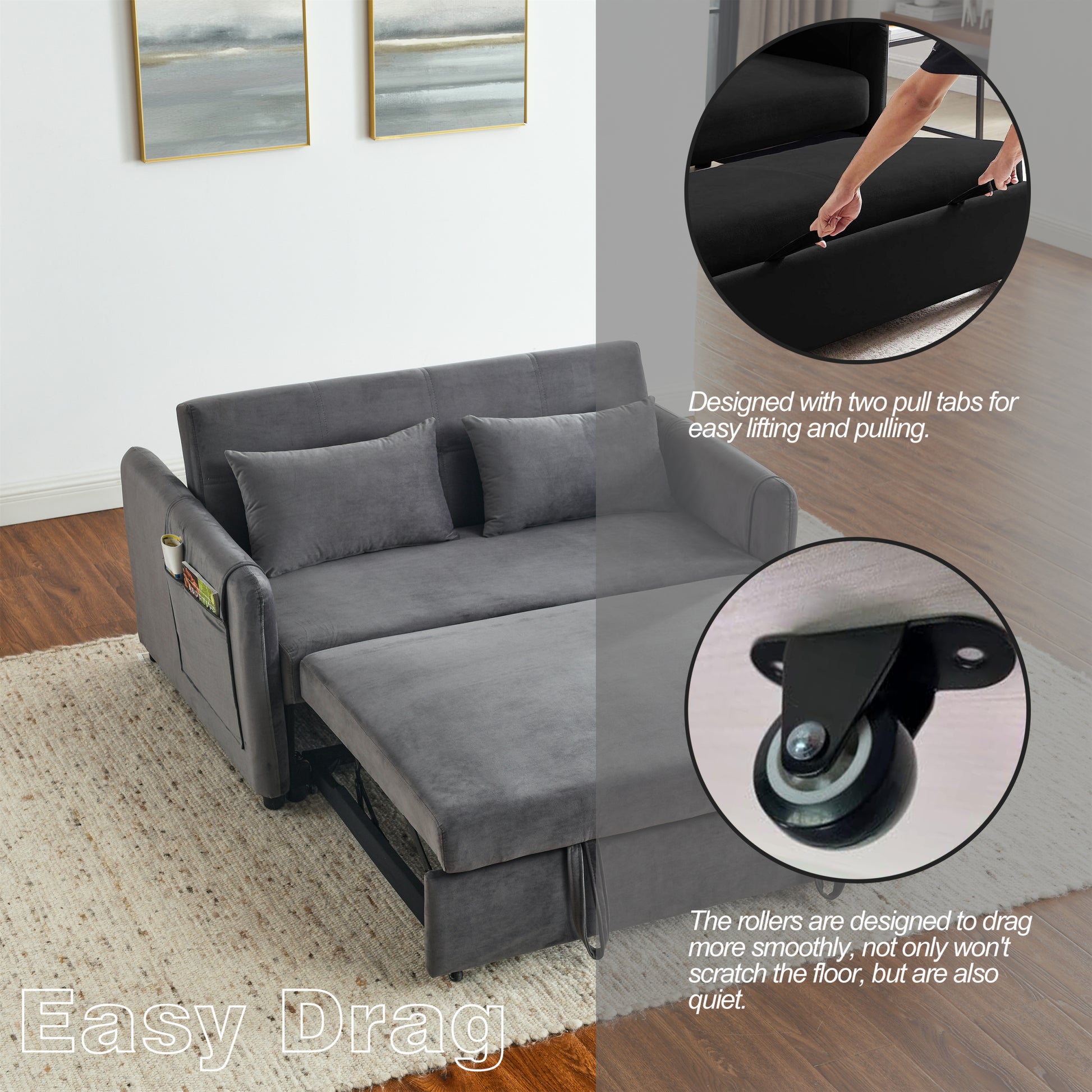 Convertible Sofa Bed, 3 In 1 Versatile Velvet Double Sofa With Pullout Bed, Seat With Adjustable Backrest, Lumbar Pillows, And Living Room Side Pockets, 54 Inch, Grey Brown Wood Primary Living Space Delicate Duty Eucalyptus 2 Seat Grey Velvet Soft Pillow